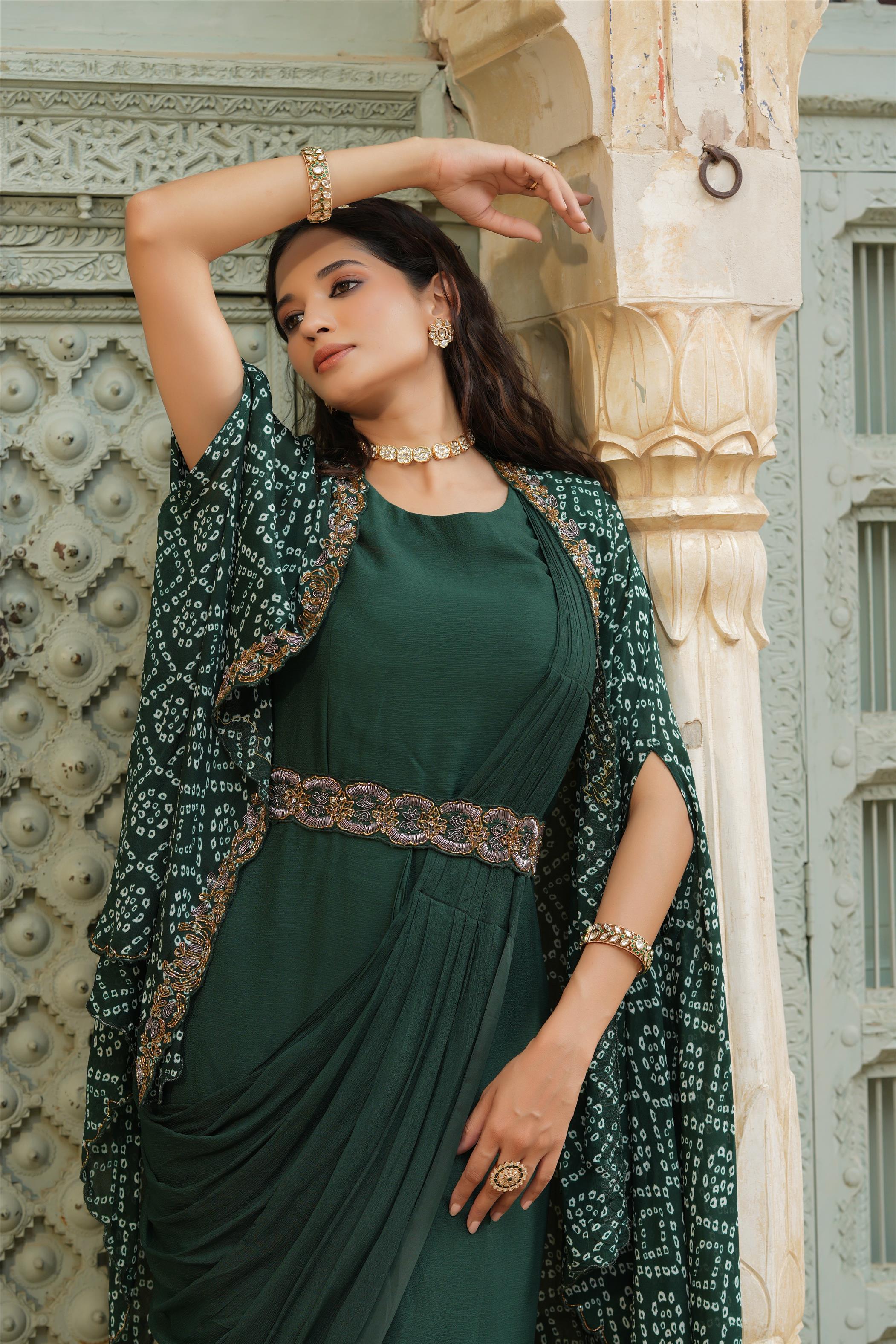 Green Chinon Silk Ready To Wear Saree Dress With Chinon Silk Leheriya Print Cape & Embroidered Belt