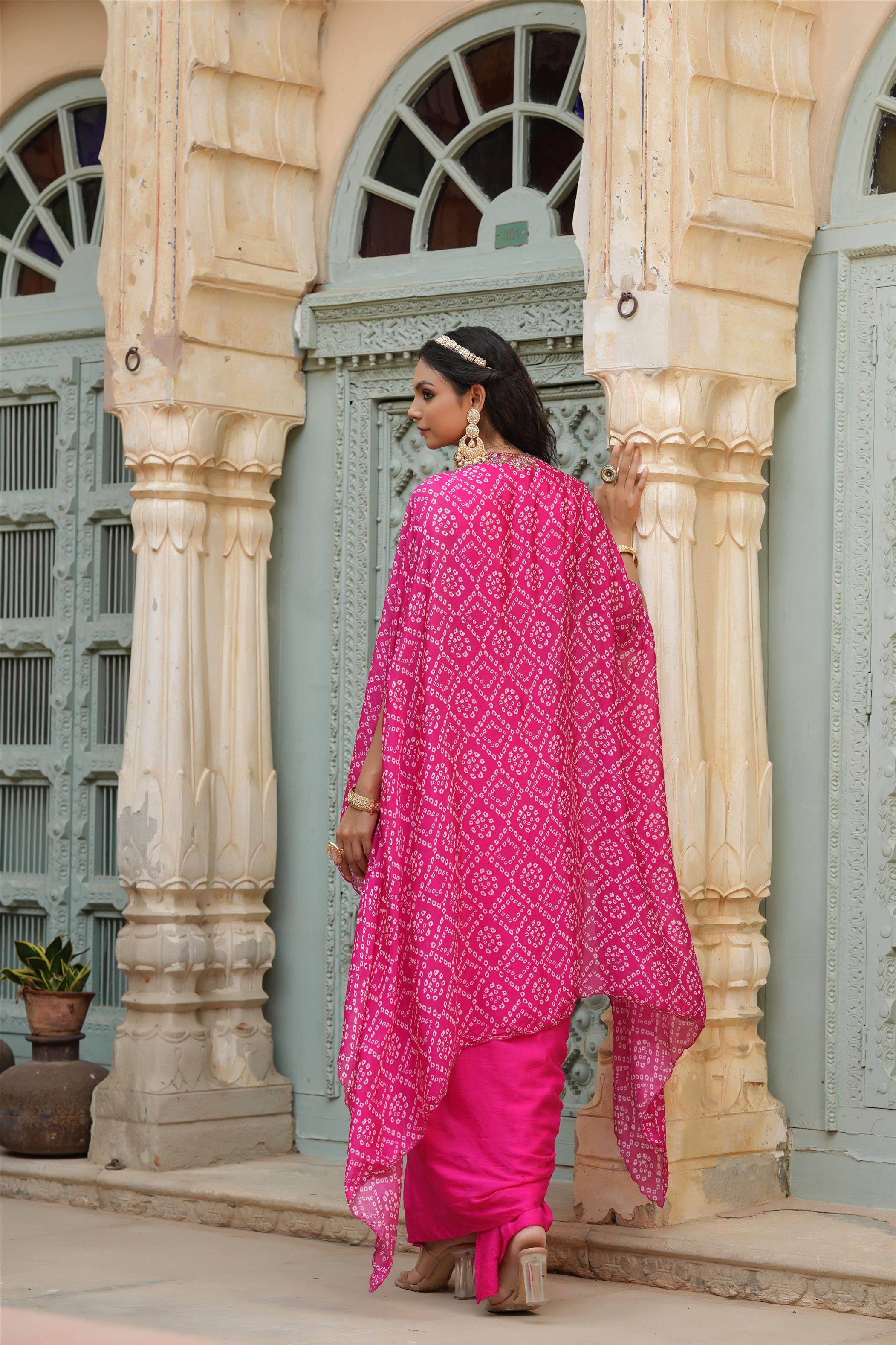 Pink Chinon Silk Ready To Wear Saree Dress With Chinon Silk Leheriya Print Cape & Embroidered Belt