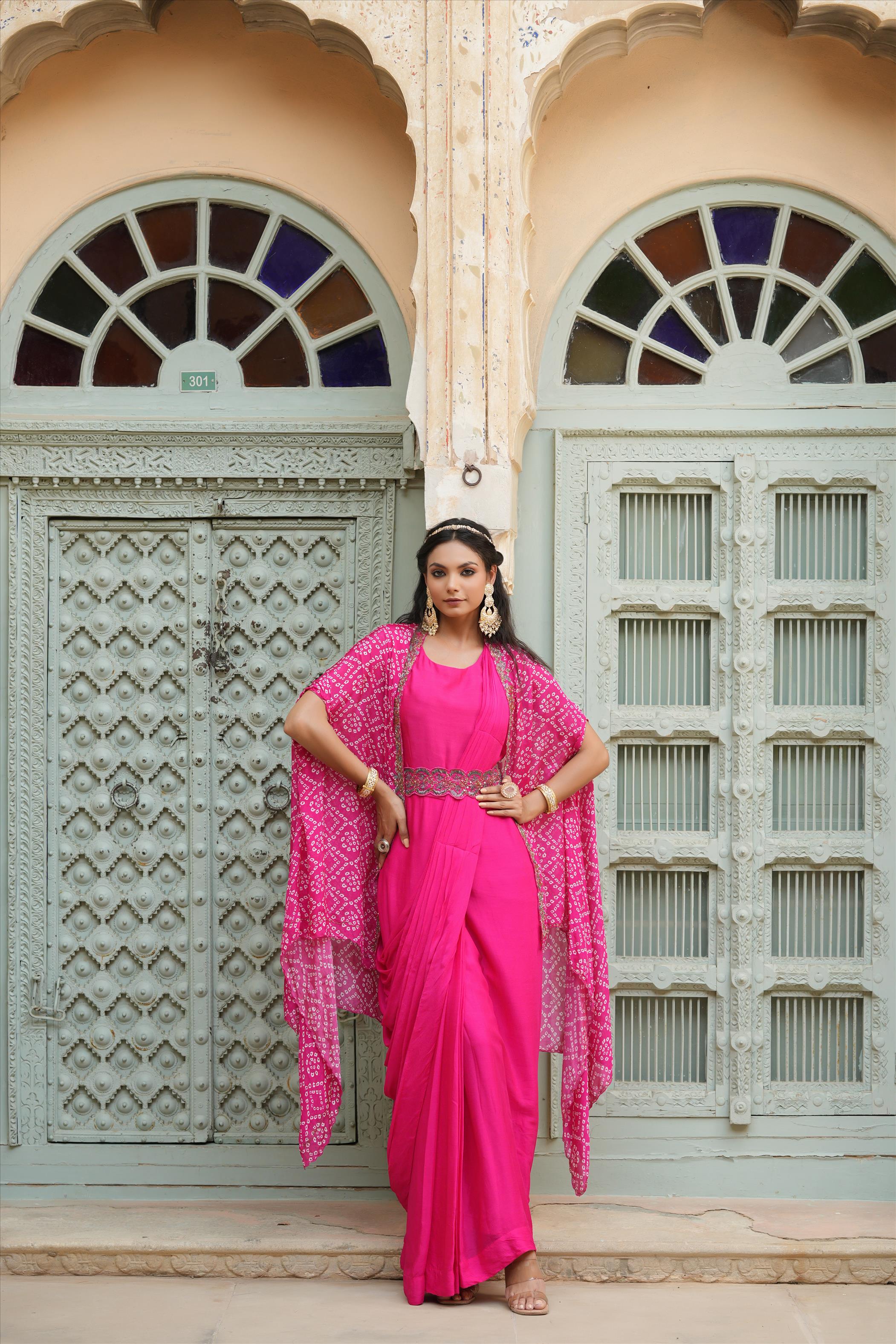 Pink Chinon Silk Ready To Wear Saree Dress With Chinon Silk Leheriya Print Cape & Embroidered Belt