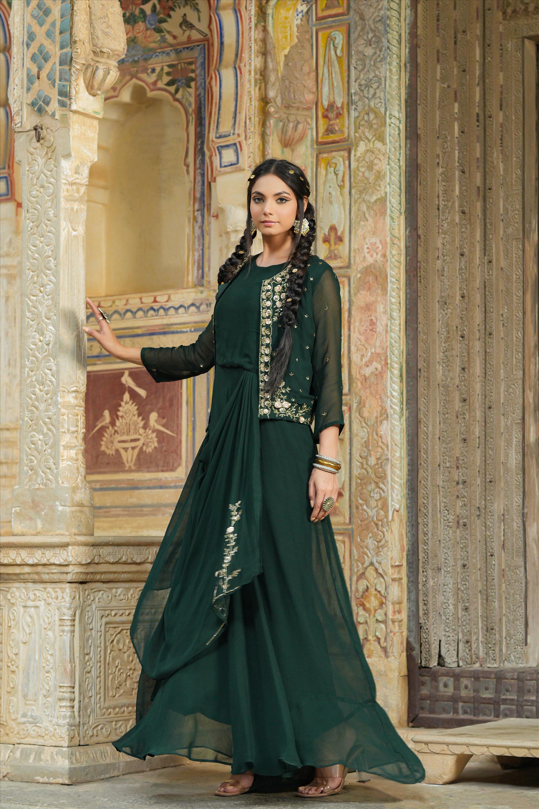 Crepe Silk Fusion Wear in Deep Green Color with Jacket