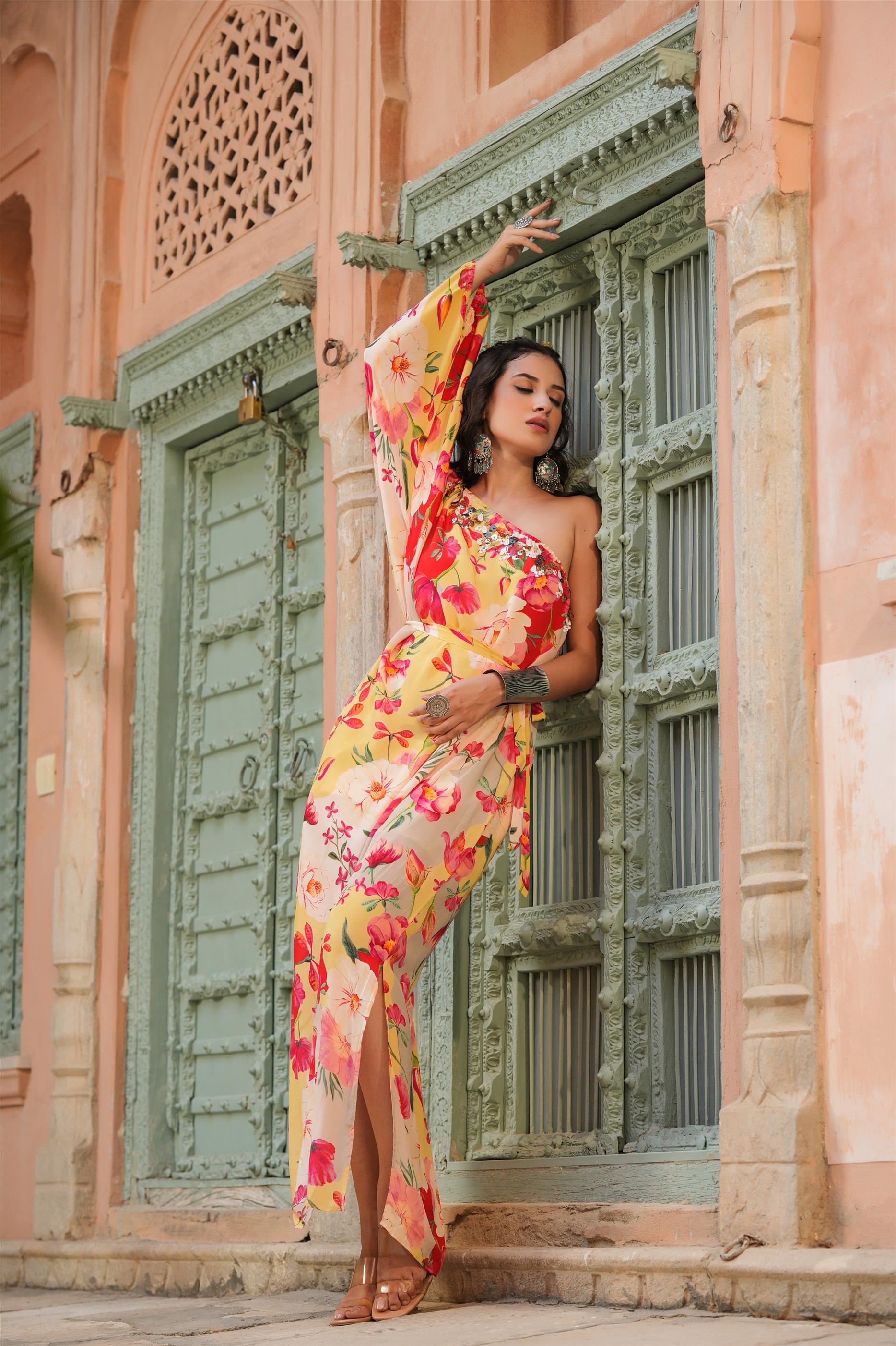 Yellow Viscose Crepe Floral Print Embellished One Shoulder Ethnic Gown
