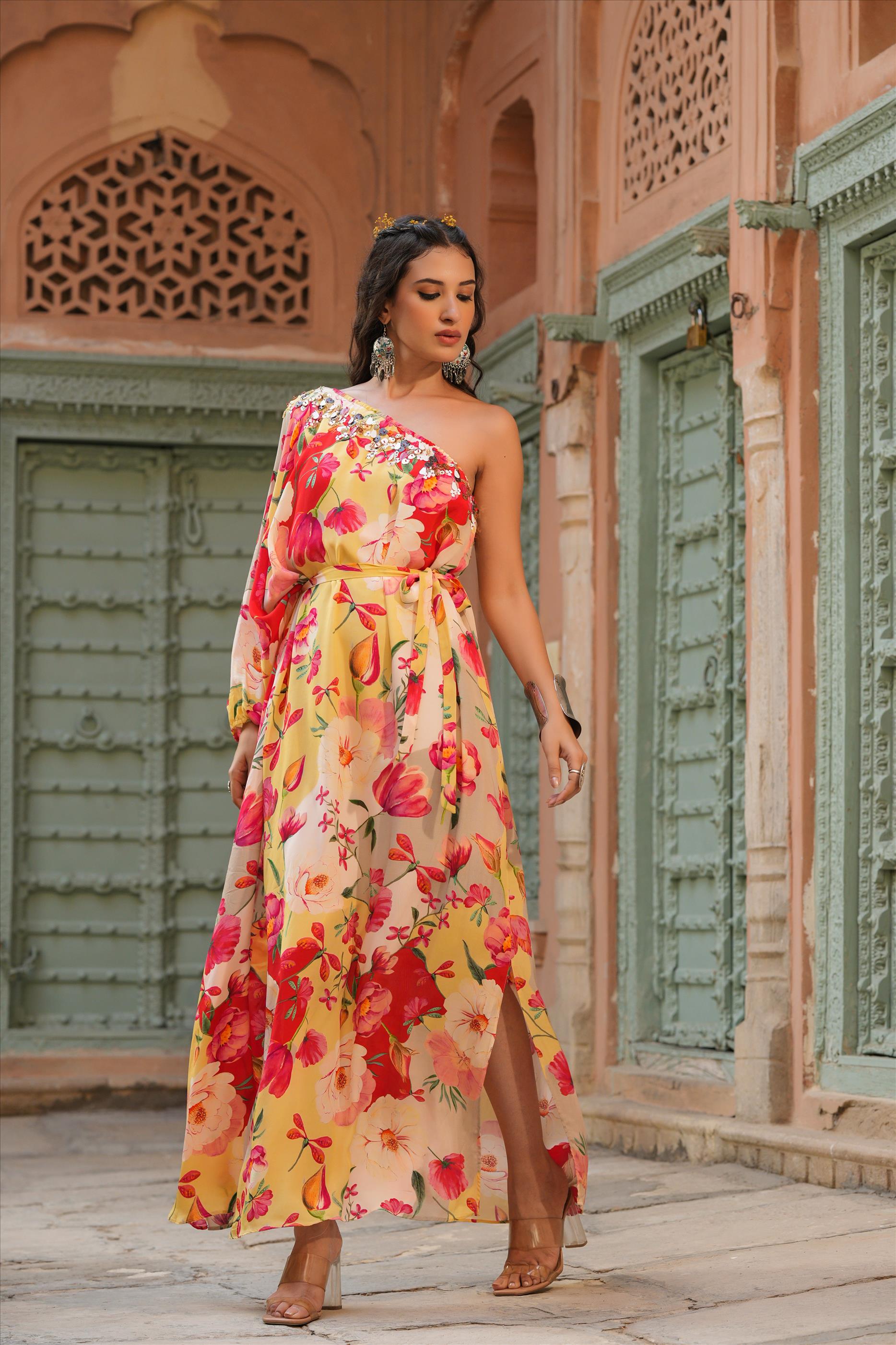Yellow Viscose Crepe Floral Print Embellished One Shoulder Ethnic Gown