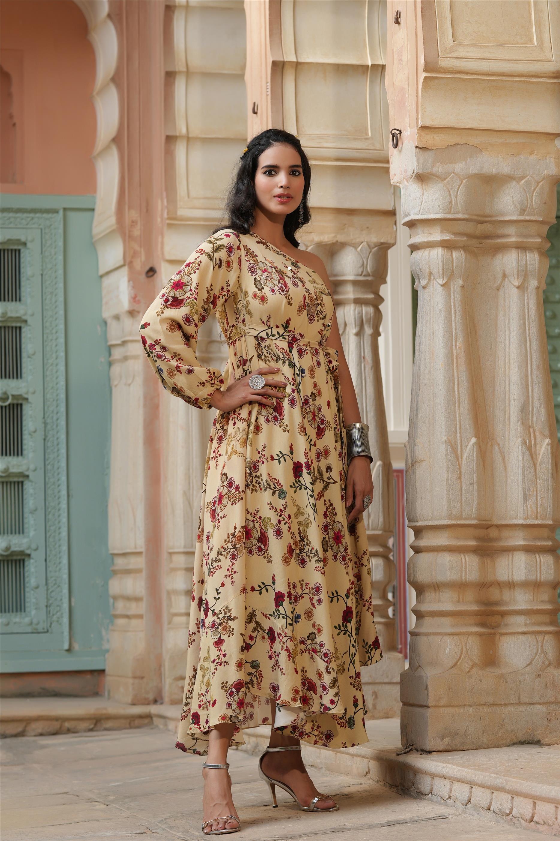 Beige Viscose Crepe Floral Print Embellished One Shoulder Ethnic Gown