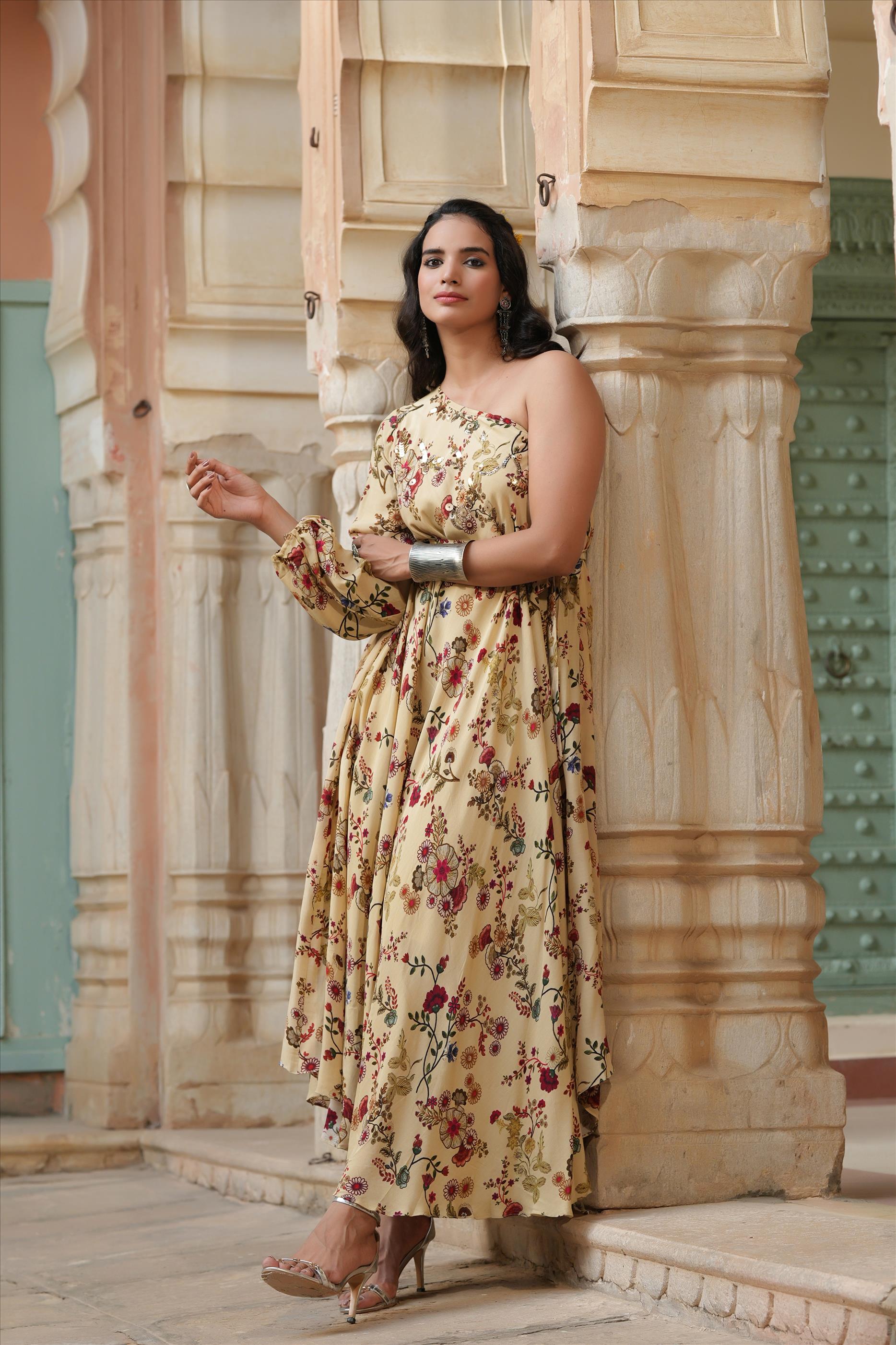 Beige Viscose Crepe Floral Print Embellished One Shoulder Ethnic Gown