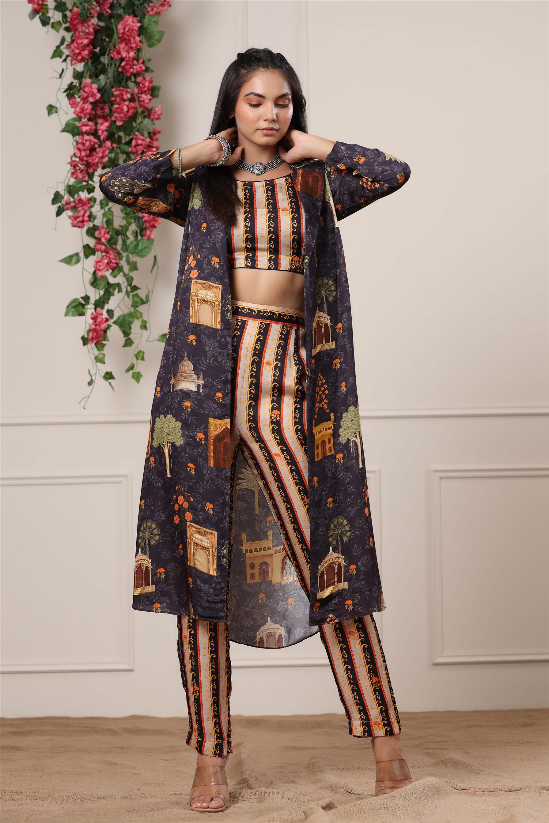 Multi-Modal Satin Floral Print Crop Top Jacket Pant Fusion Set