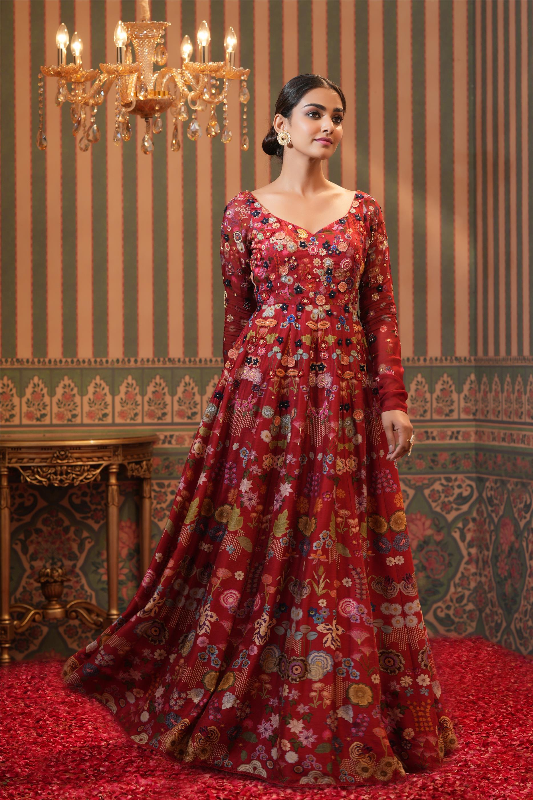 Red Raw Silk Floral Print Embelished Anarkali Gown