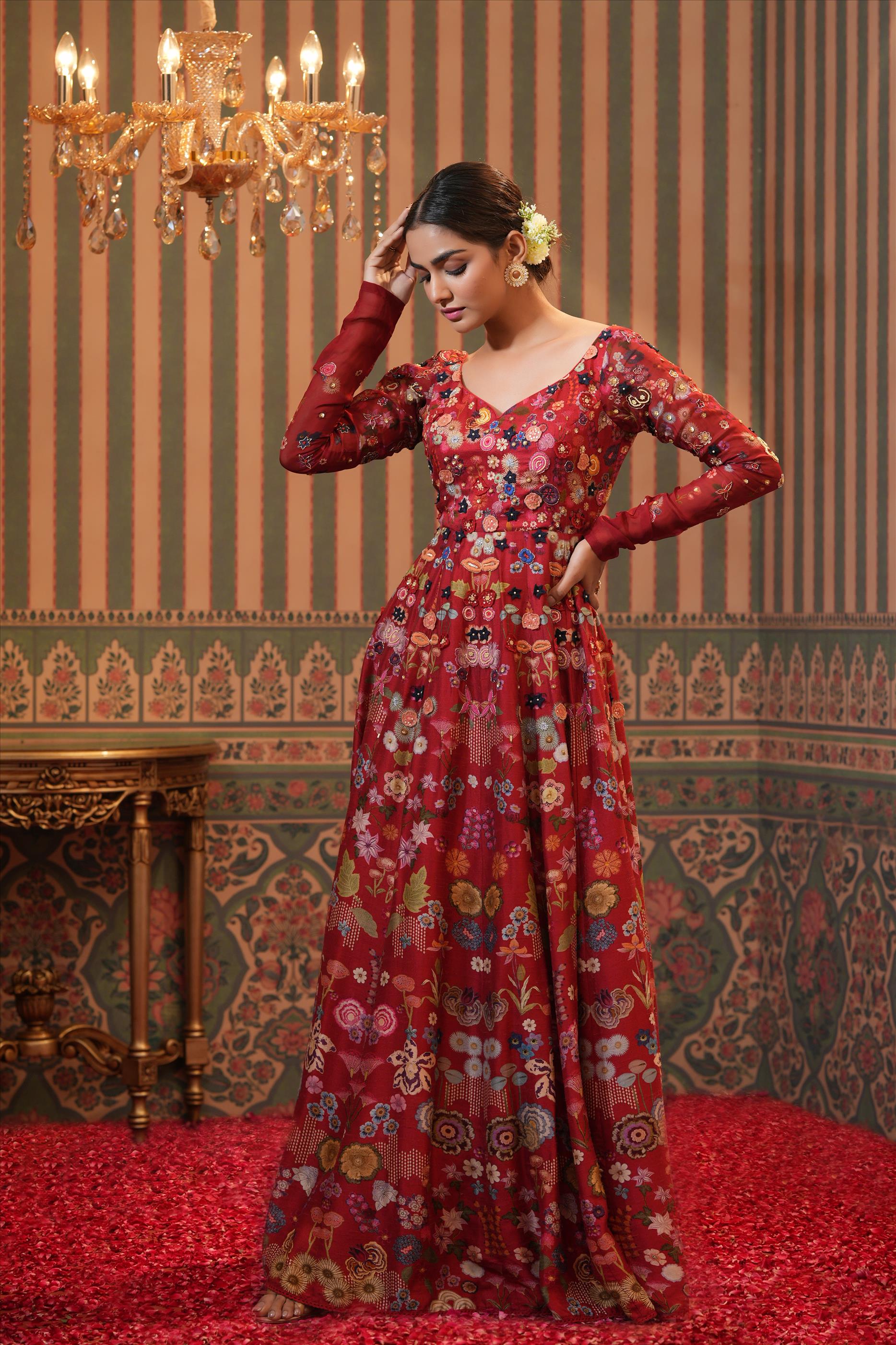 Red Raw Silk Floral Print Embelished Anarkali Gown