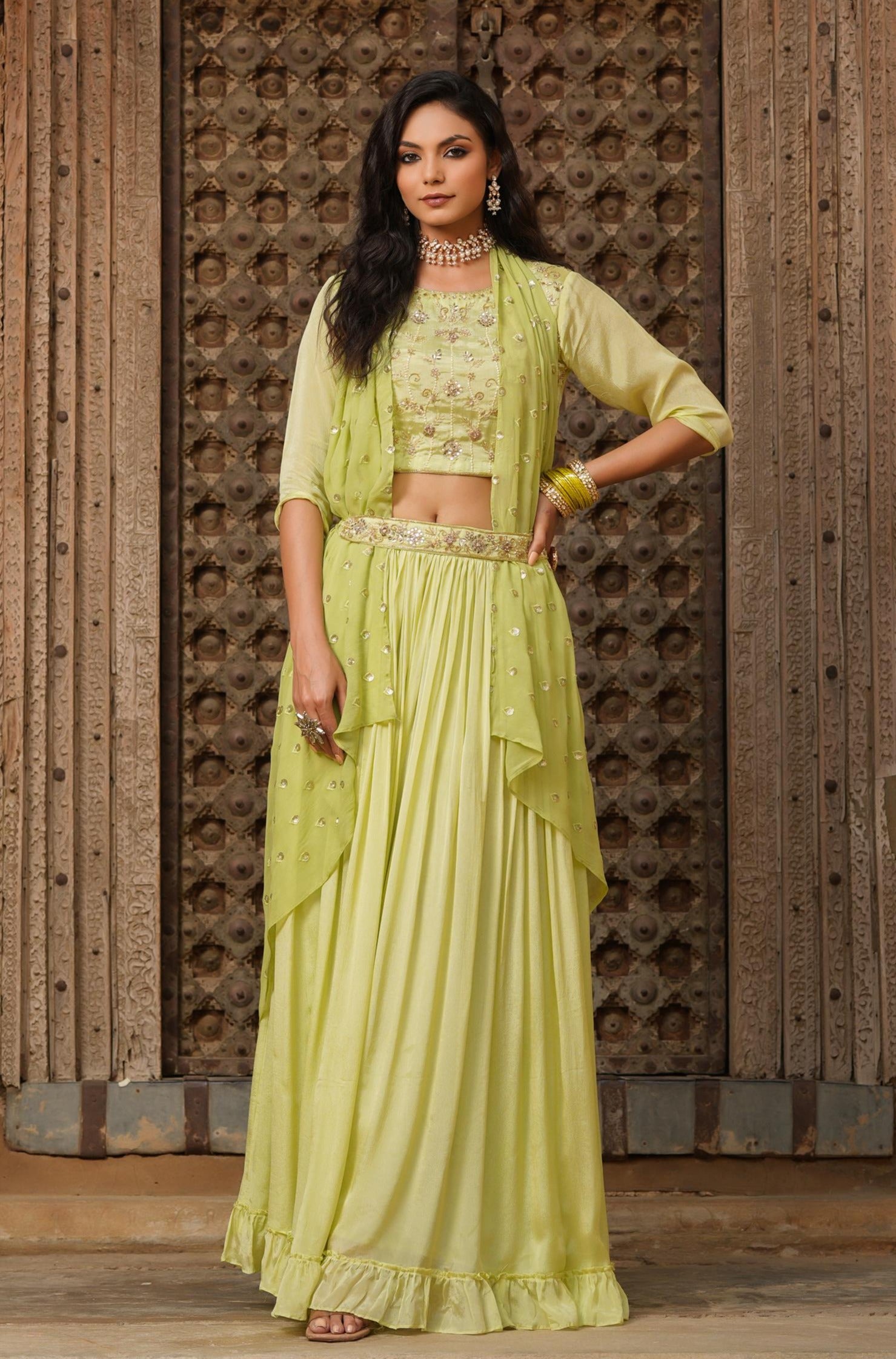Flouroscent Green Chinon Silk Embellished Lehenga Choli Dupatta Belt Set