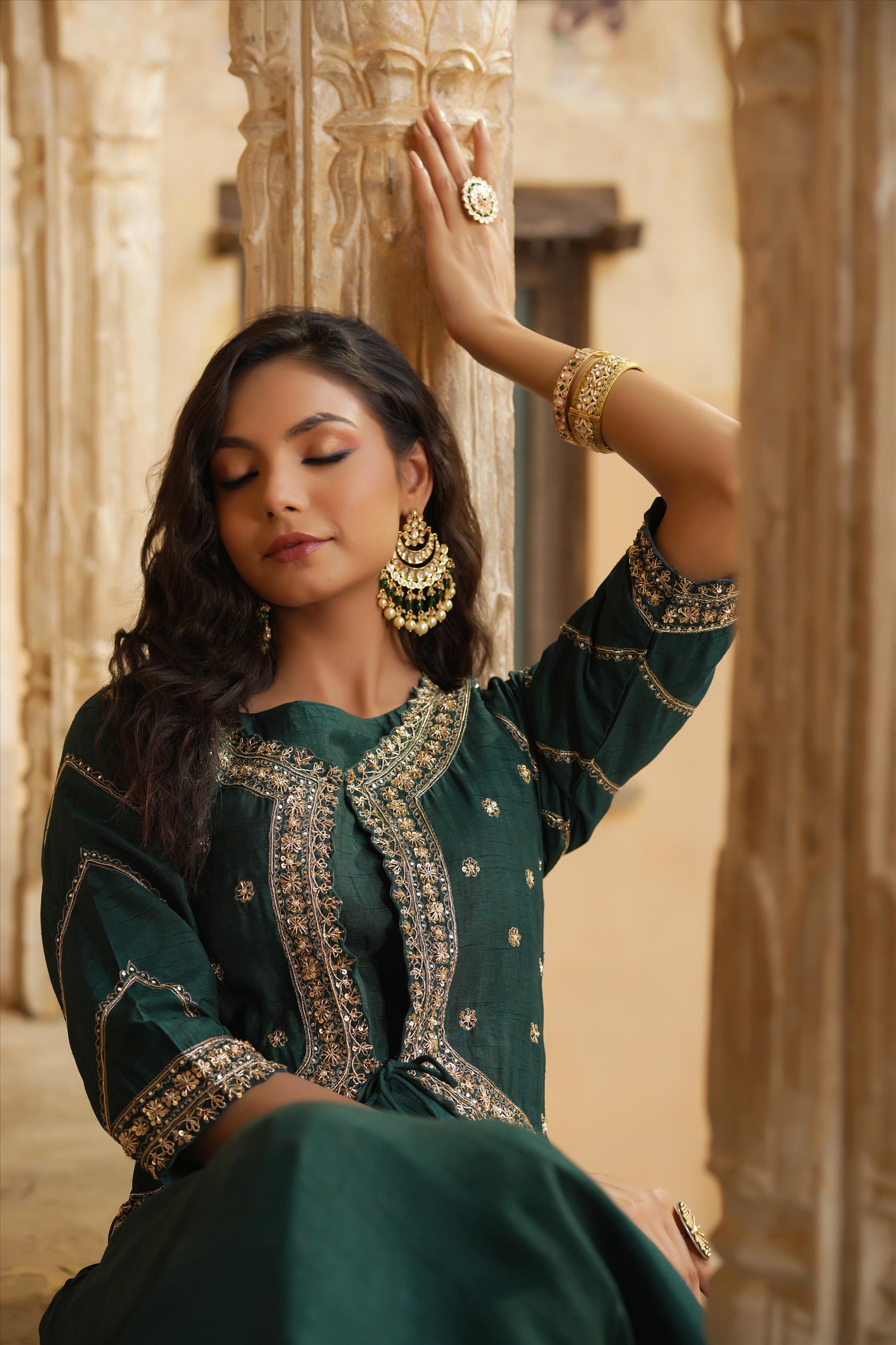 Jadegreen Dola Silk Embellished Hand Work Jacket Style Flared Ethnic Dress