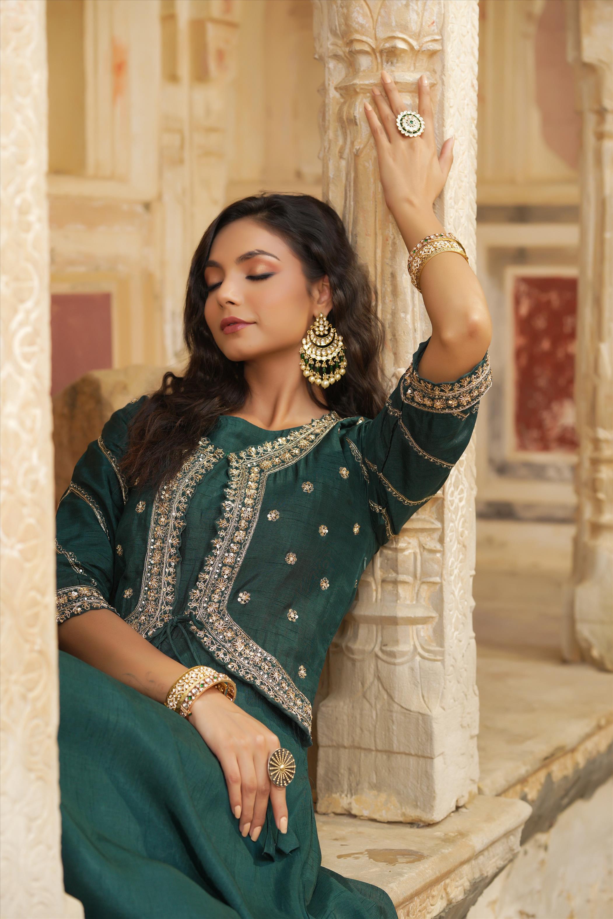 Jadegreen Dola Silk Embellished Hand Work Jacket Style Flared Ethnic Dress