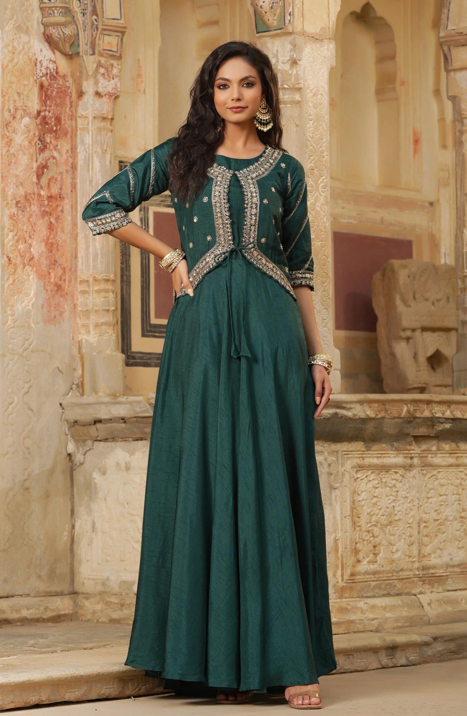 Jadegreen Dola Silk Embellished Ethnic Dress With Jacket