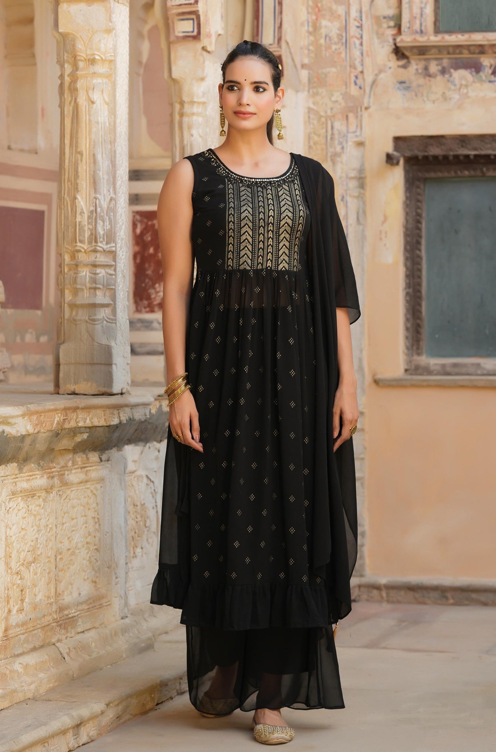Black Georgette Foil Printed Side Slits Palazzo Set