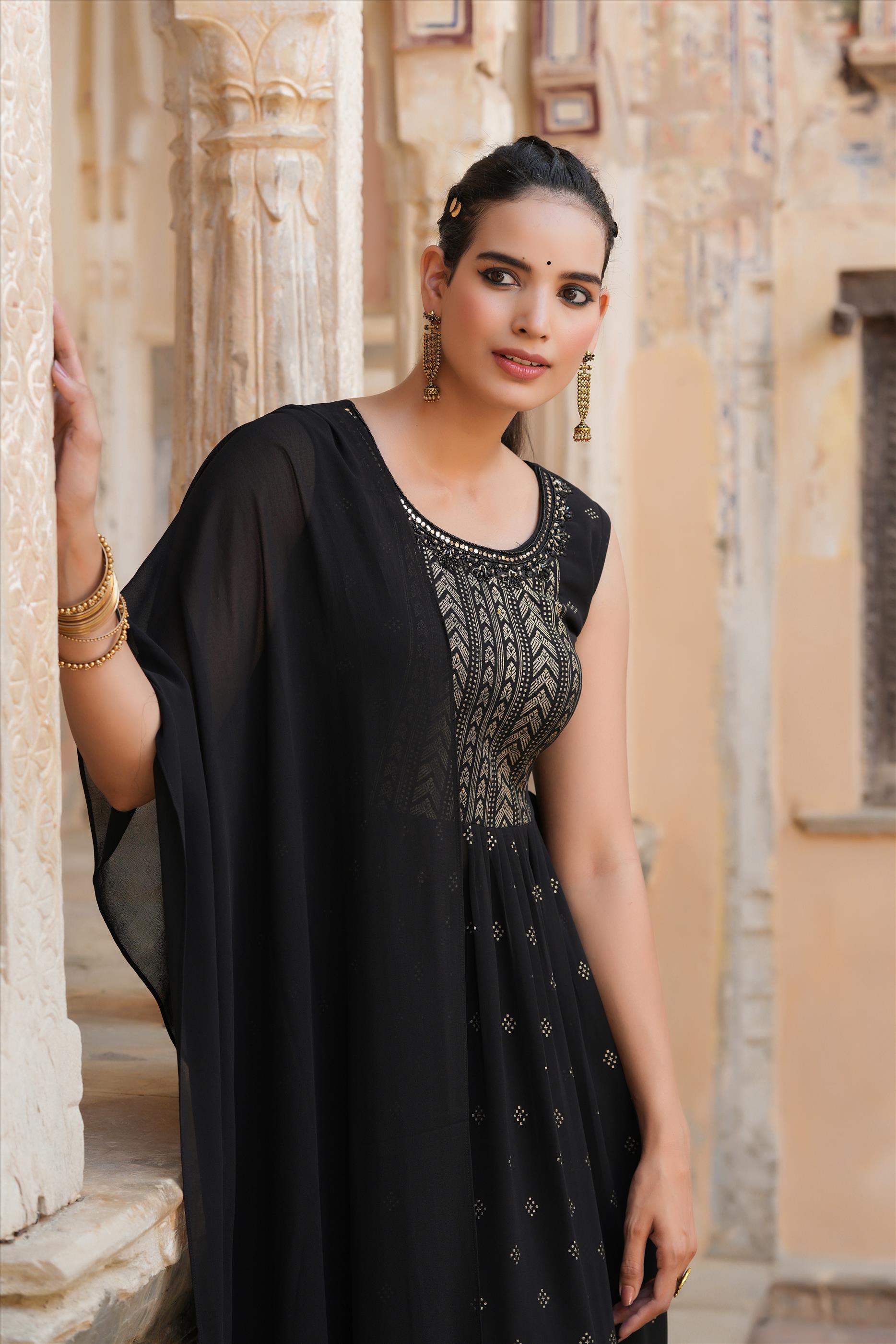 Black Georgette Foil Printed Side Slits Palazzo Set