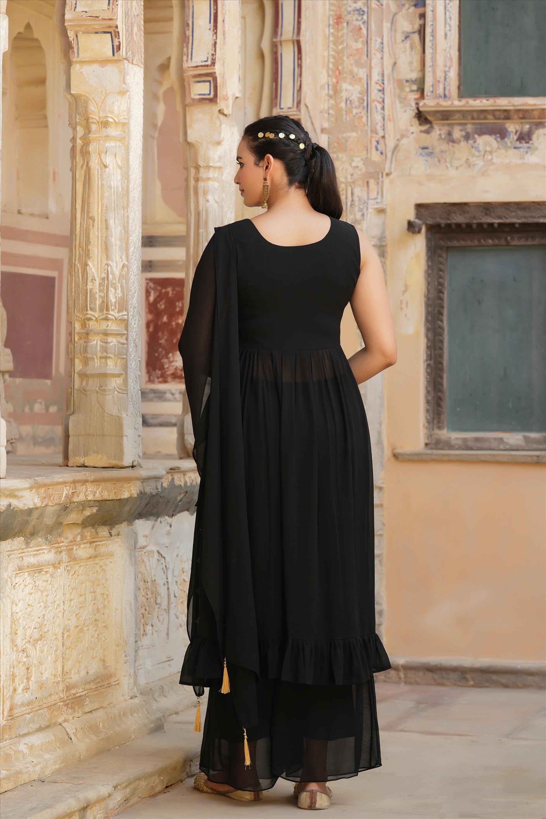 Black Georgette Foil Printed Side Slits Palazzo Set