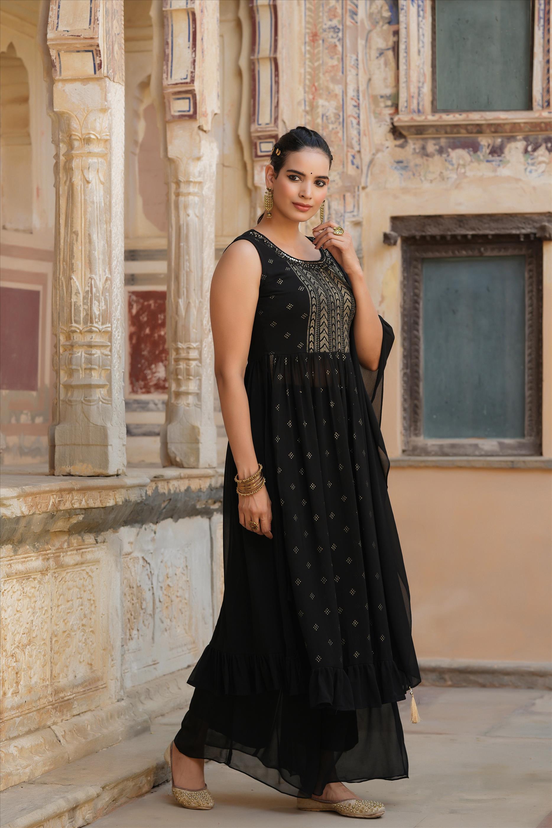 Black Georgette Foil Printed Side Slits Palazzo Set