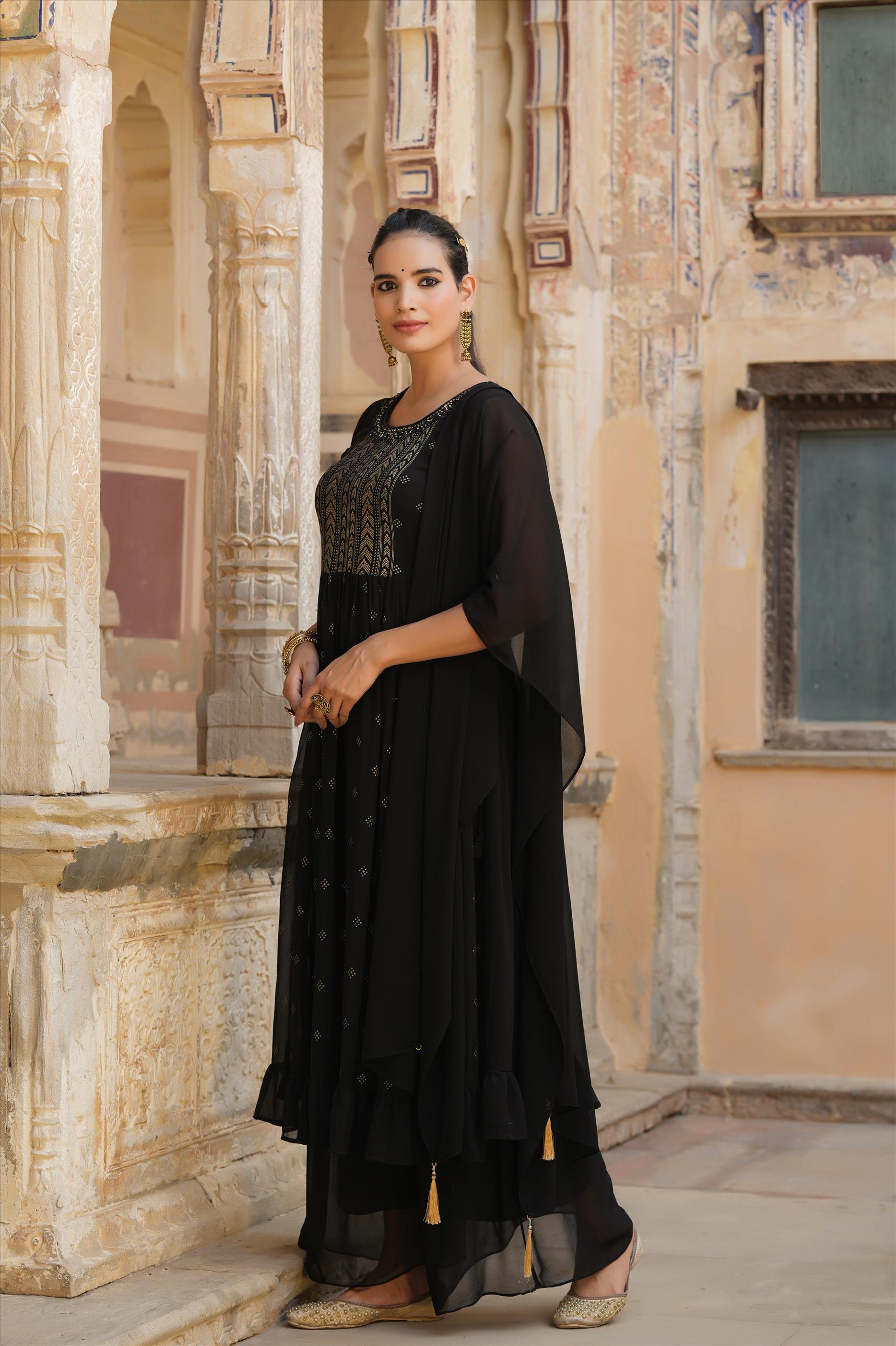 Black Georgette Foil Printed Side Slits Palazzo Set