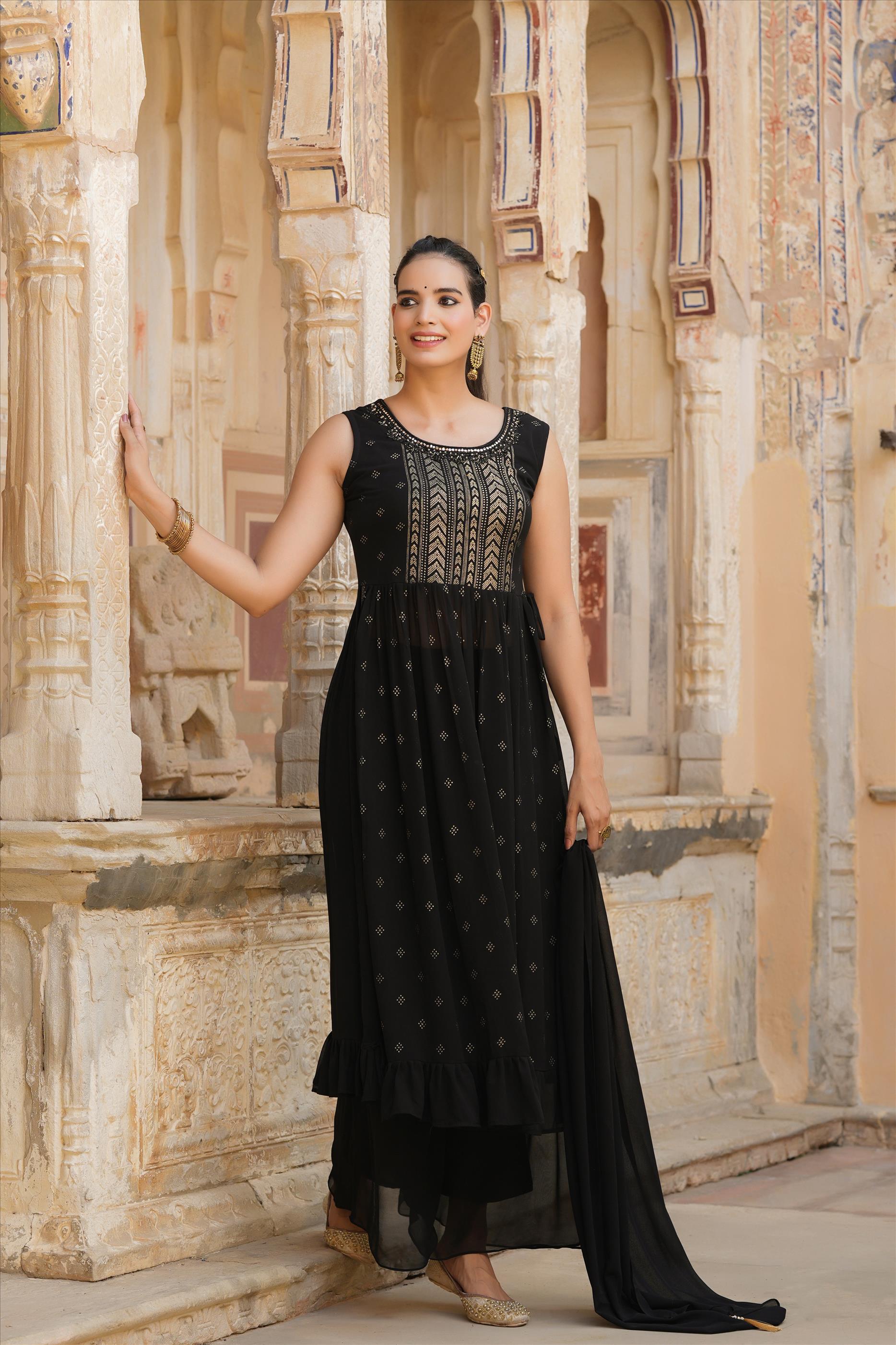 Black Georgette Foil Printed Side Slits Palazzo Set