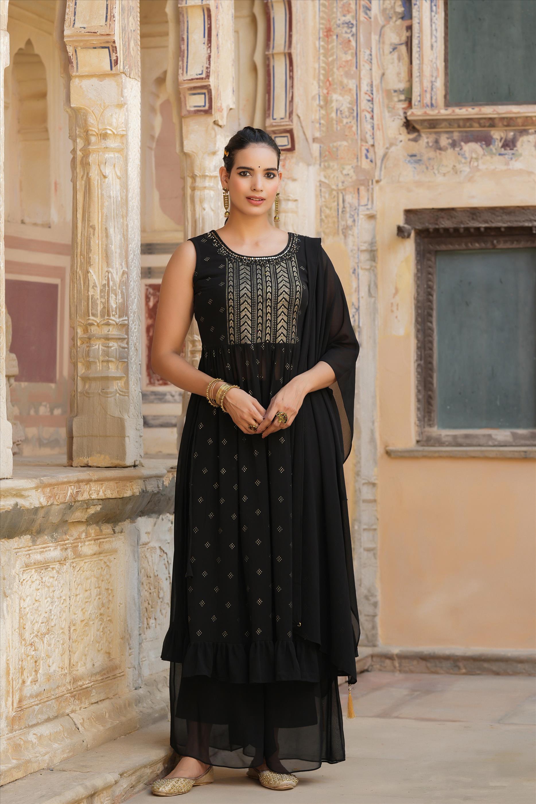 Black Georgette Foil Printed Side Slits Palazzo Set