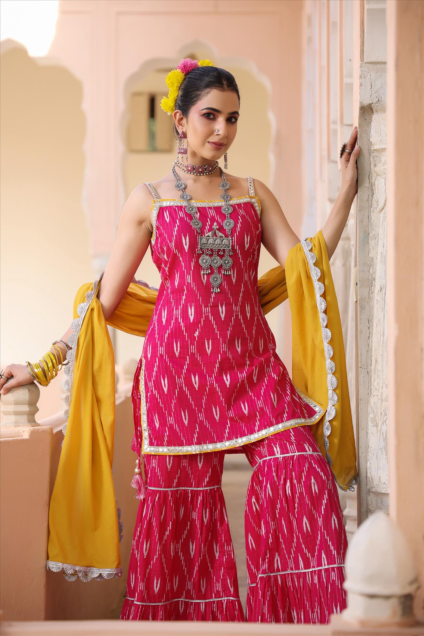 Pink Cotton Lurex Ikat Print Kurti Sharara Dupatta Set