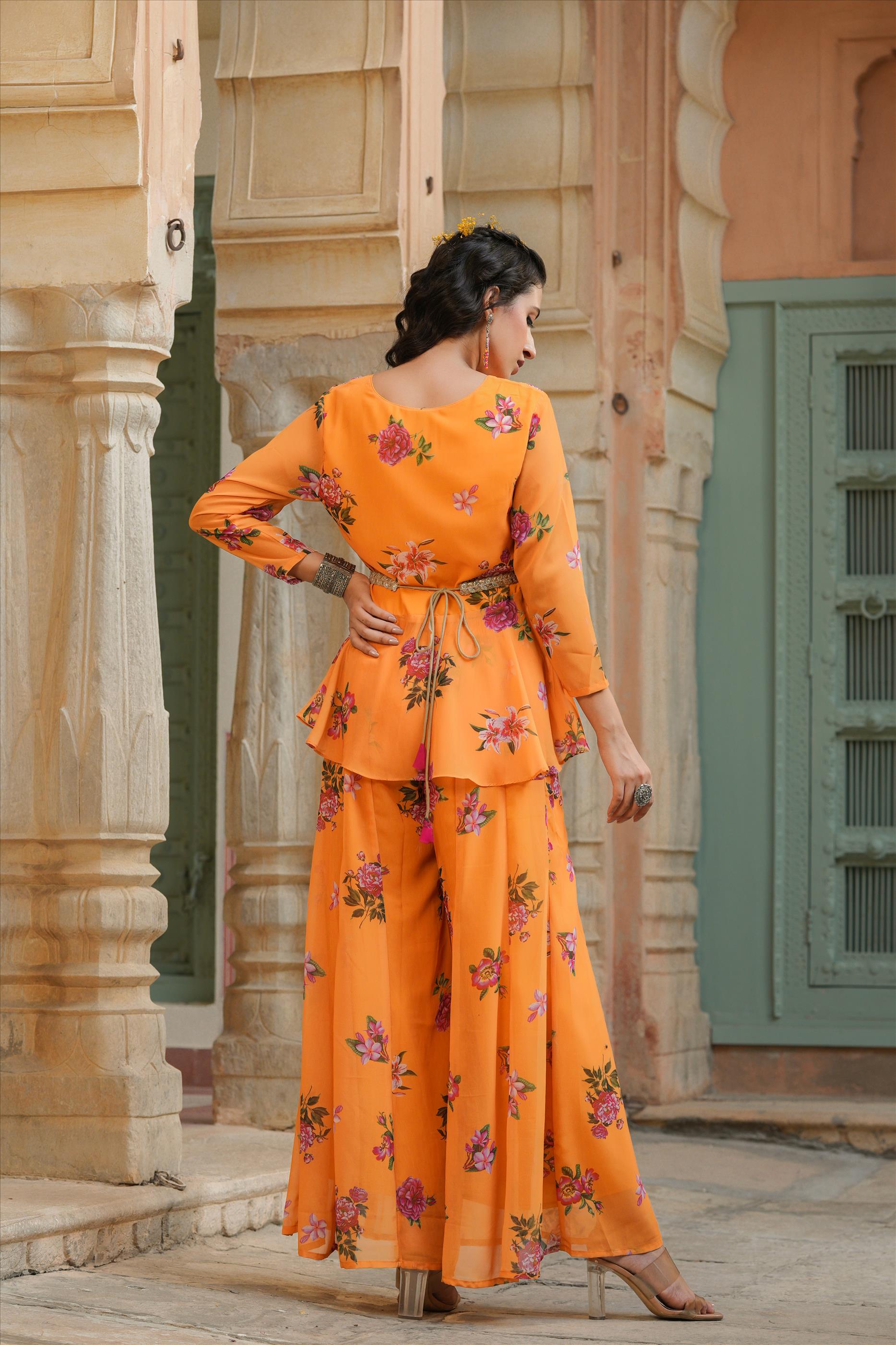 Buy Peach Tunic Georgette Palazzo Cotton Silk Embroidery And Pant Set For  Women by Labbada Online at Aza Fashions.