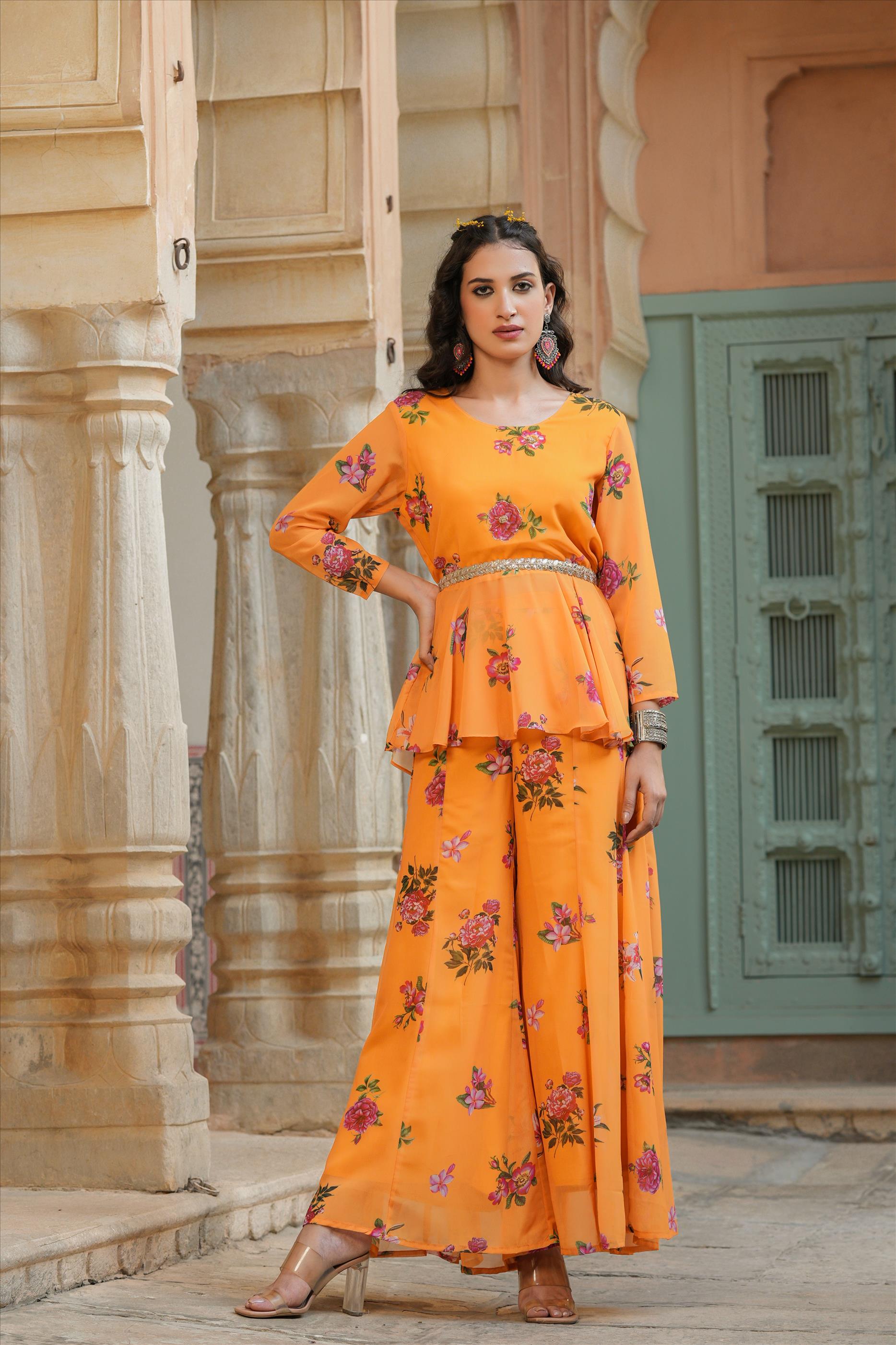 Yellow Georgette Floral Print Tunic Palazzo Co-ord Set