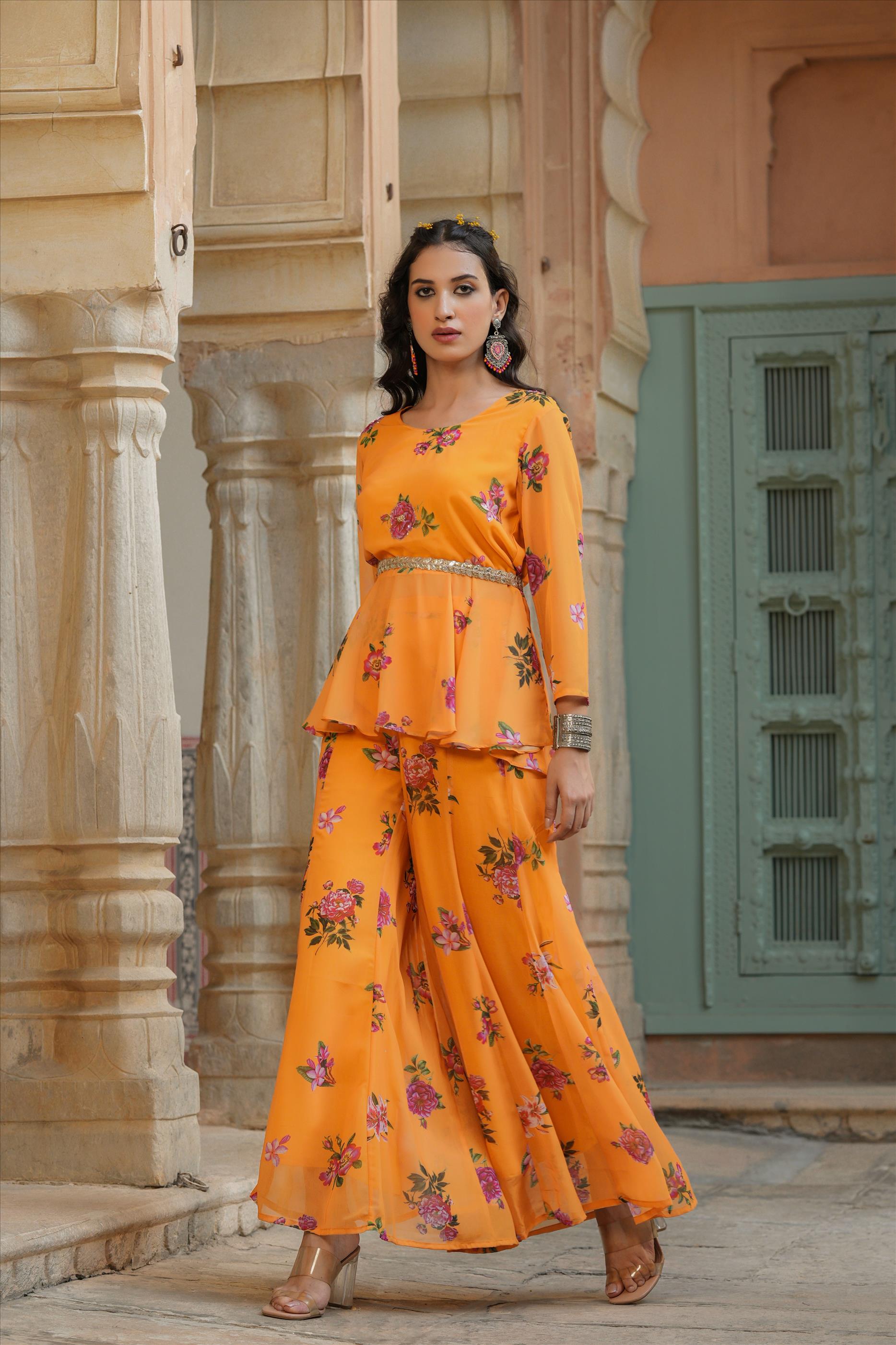 Yellow Georgette Floral Print Tunic Palazzo Co-ord Set