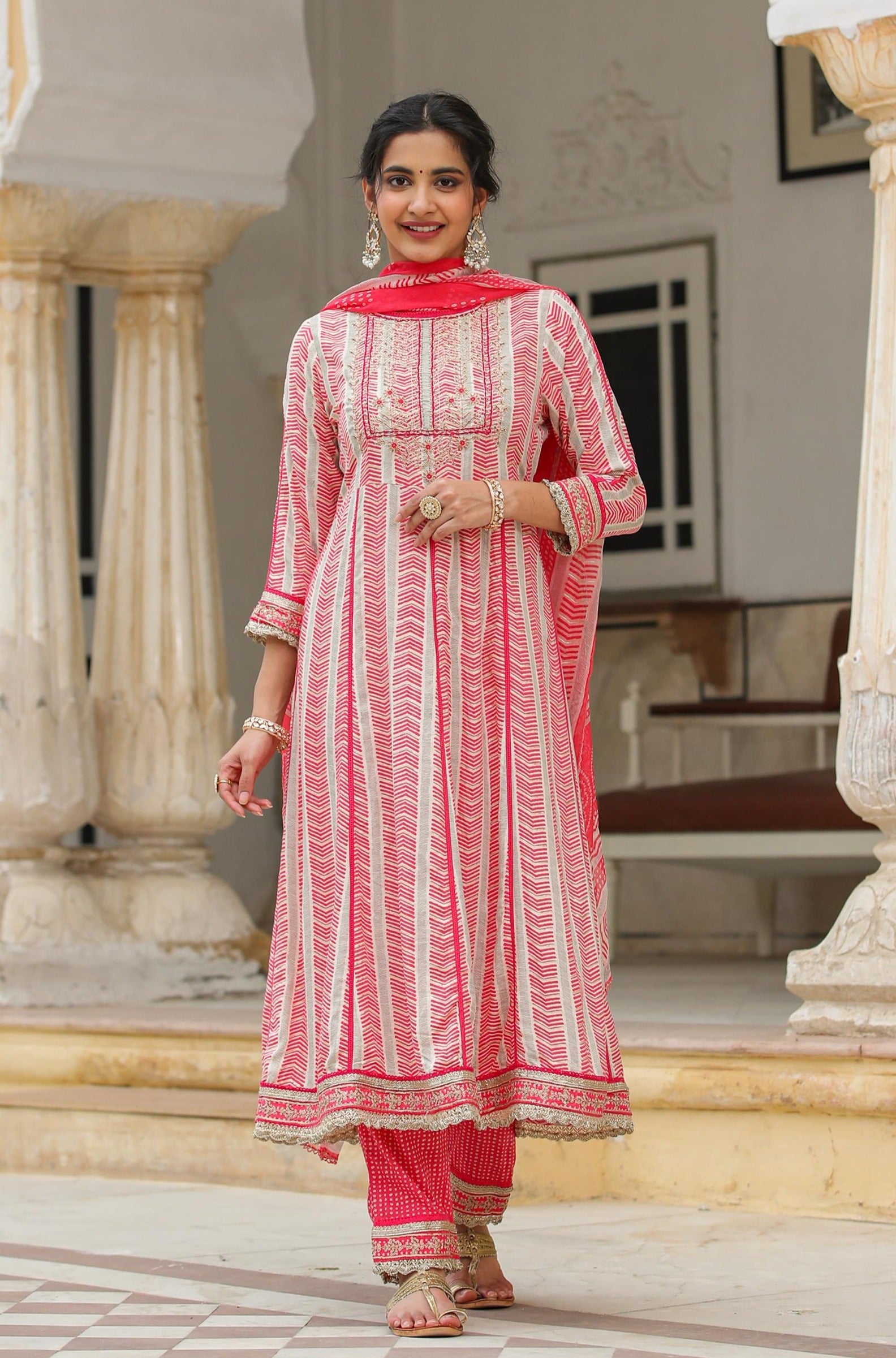 Pink German Rayon Gota Patti Anarkali Pant Dupatta Suit Set