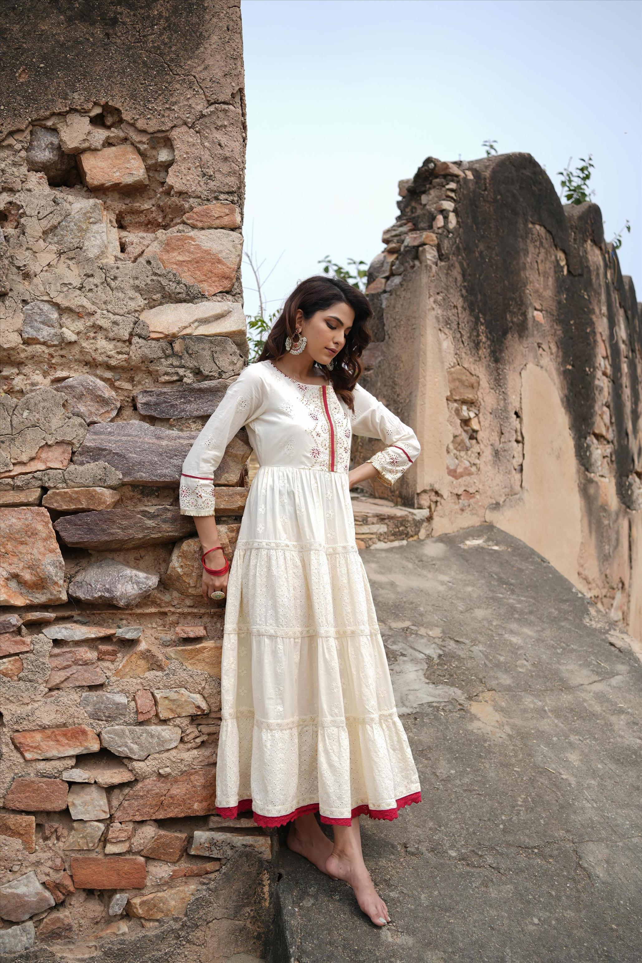 Off White Cotton Chikankari & Schiffli Tiered Anarkali Dress