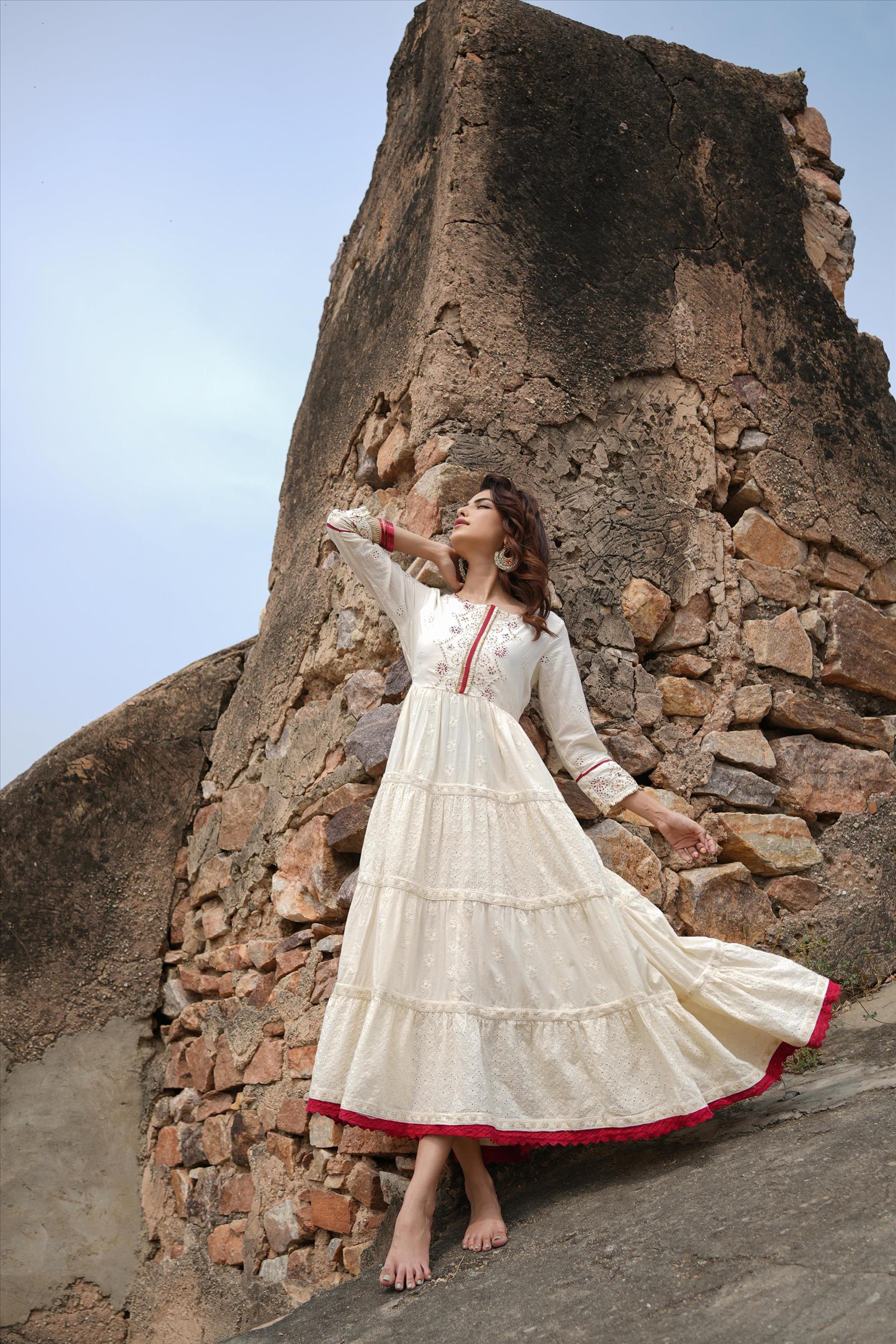 Off White Cotton Chikankari & Schiffli Tiered Anarkali Dress