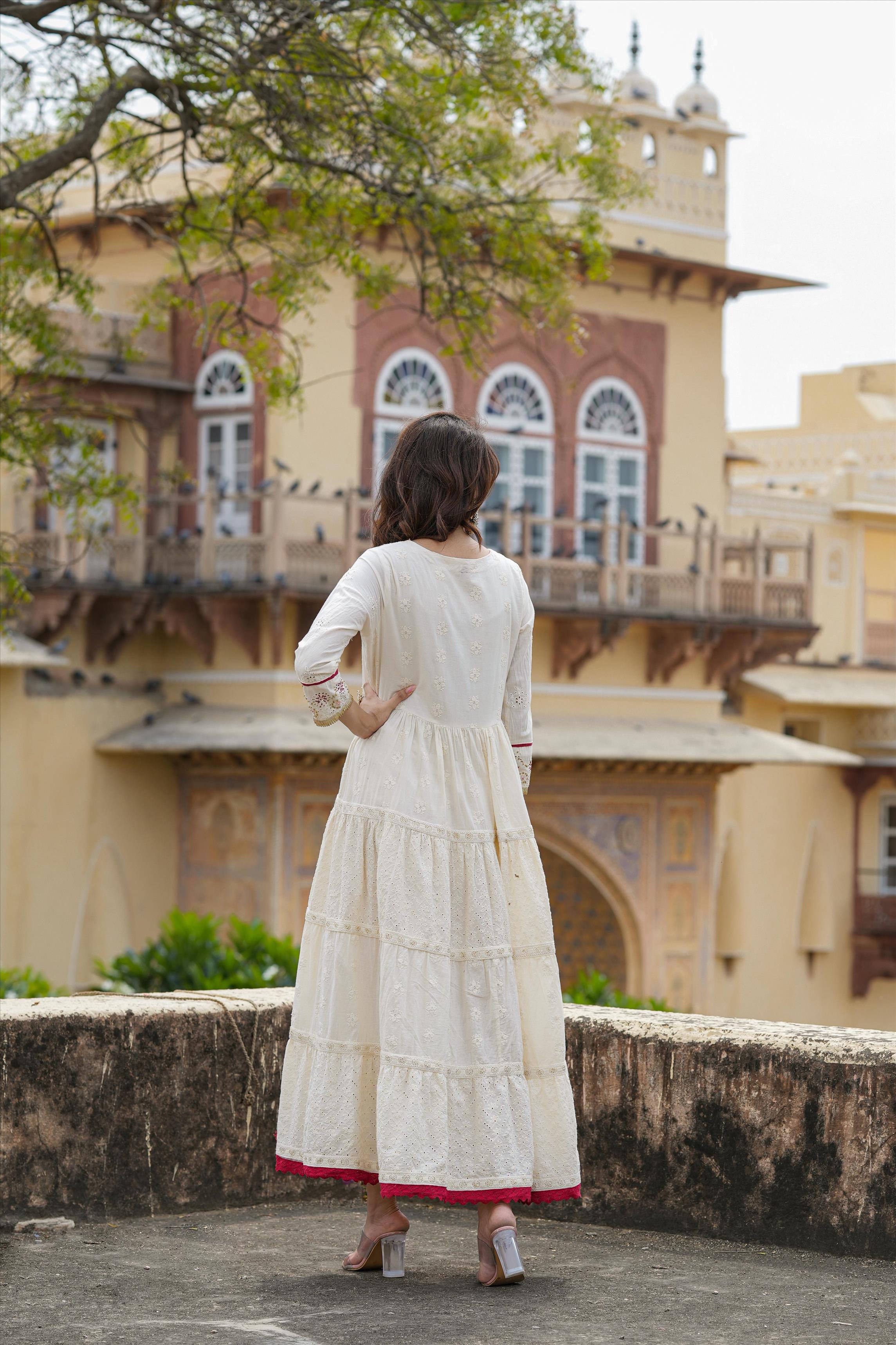 Off White Cotton Chikankari & Schiffli Tiered Anarkali Dress