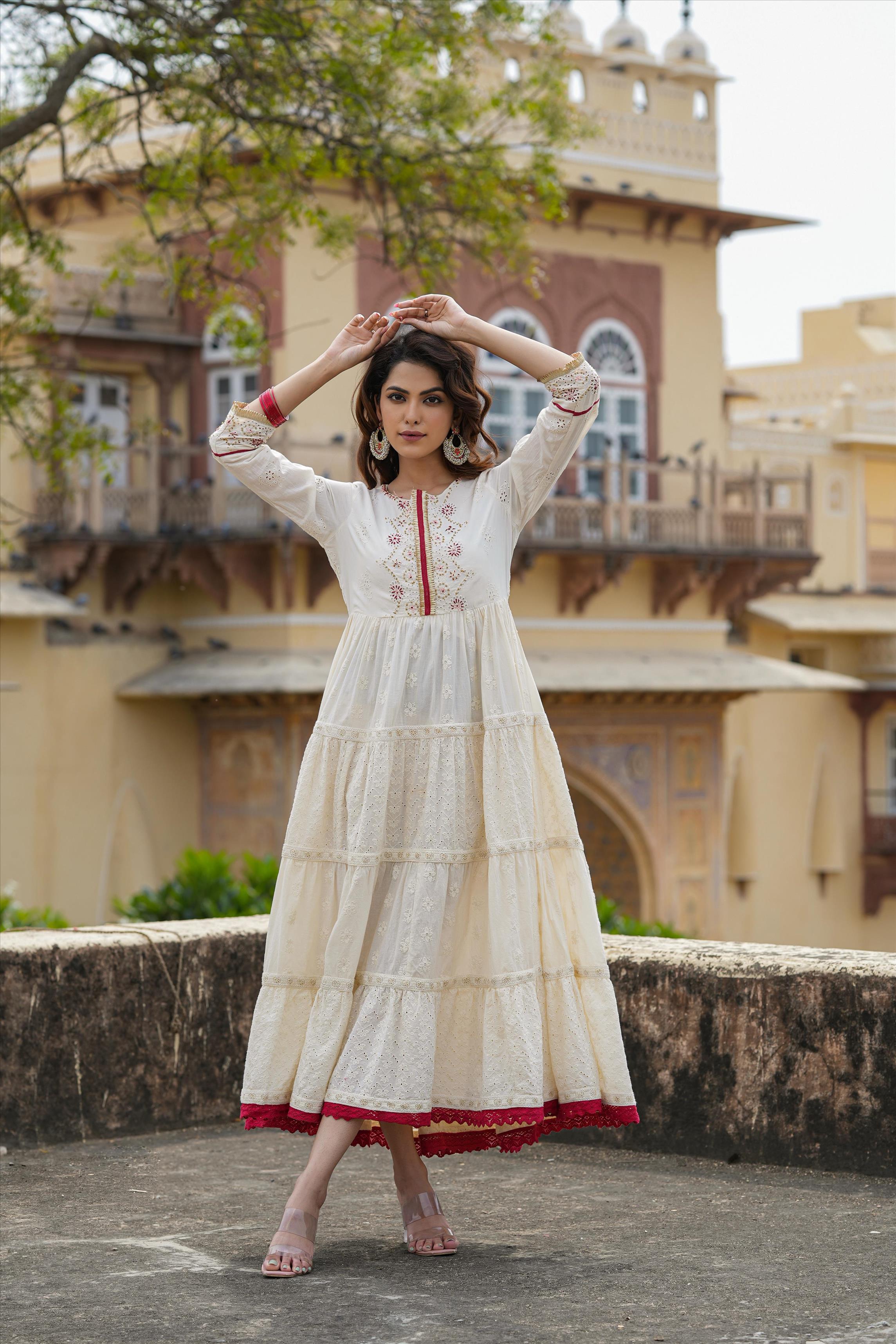 Off White Cotton Chikankari & Schiffli Tiered Anarkali Dress