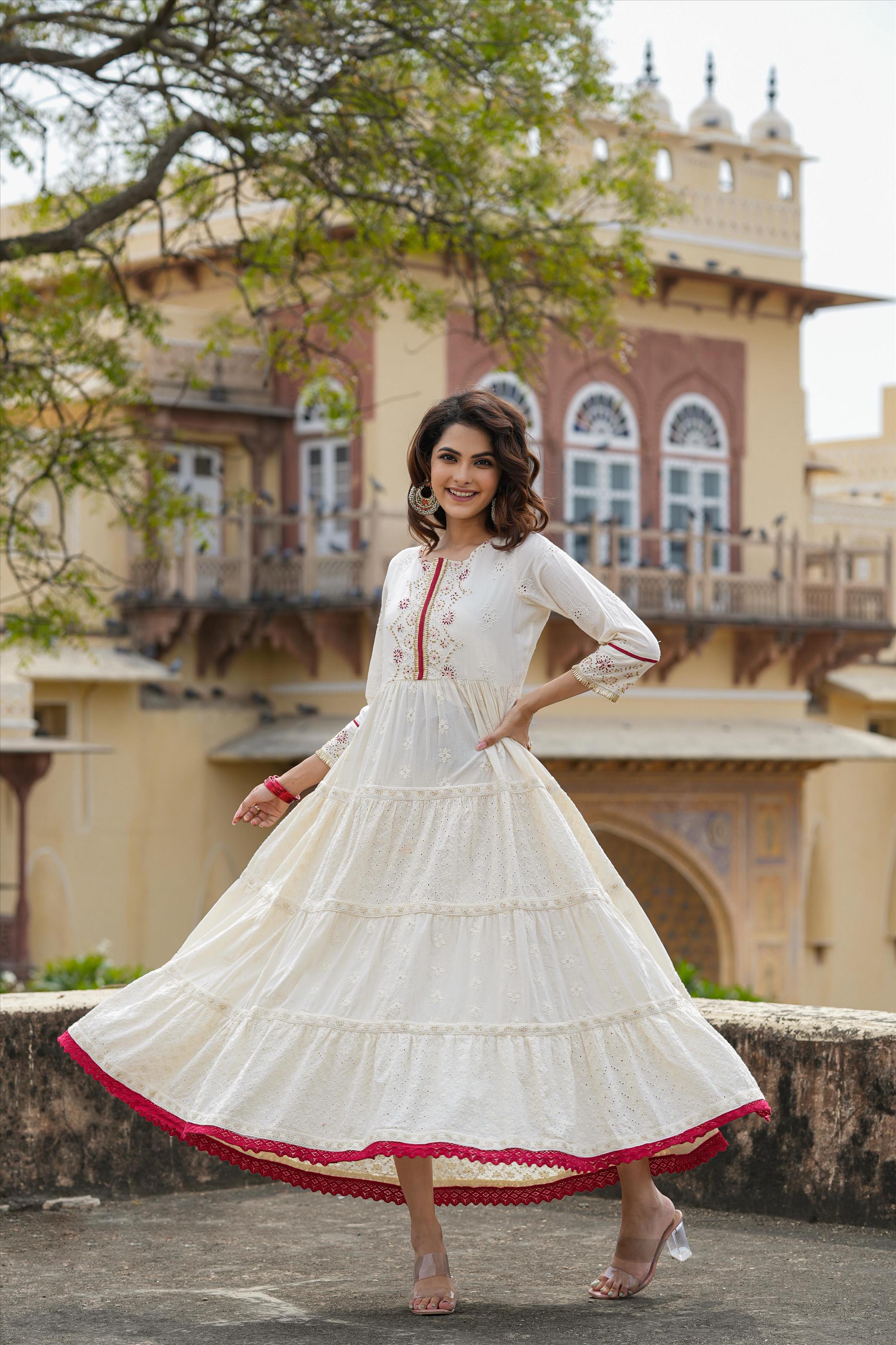 Off White Cotton Chikankari & Schiffli Tiered Anarkali Dress