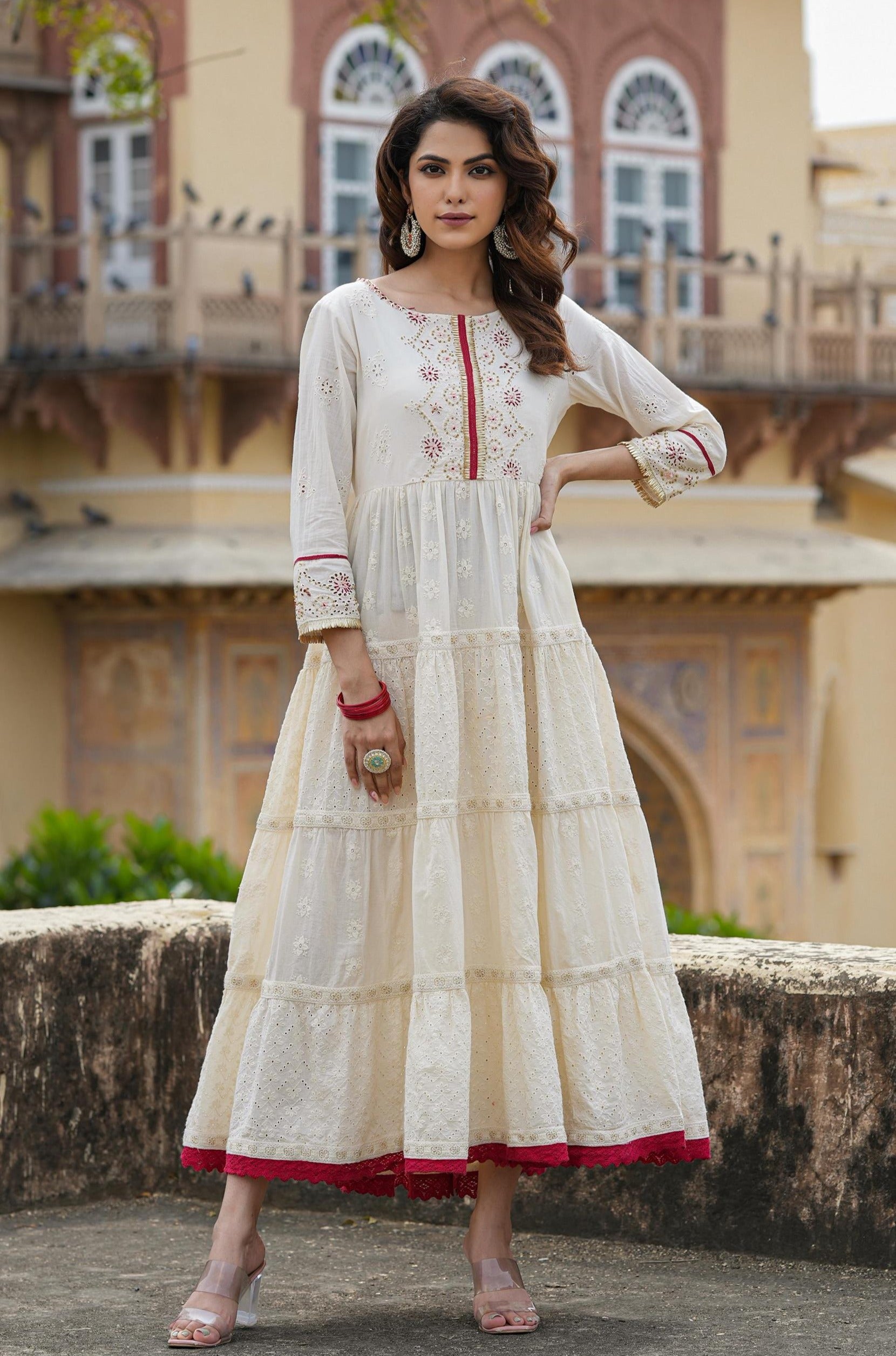 Off White Cotton Chikankari & Schiffli Tiered Anarkali Dress