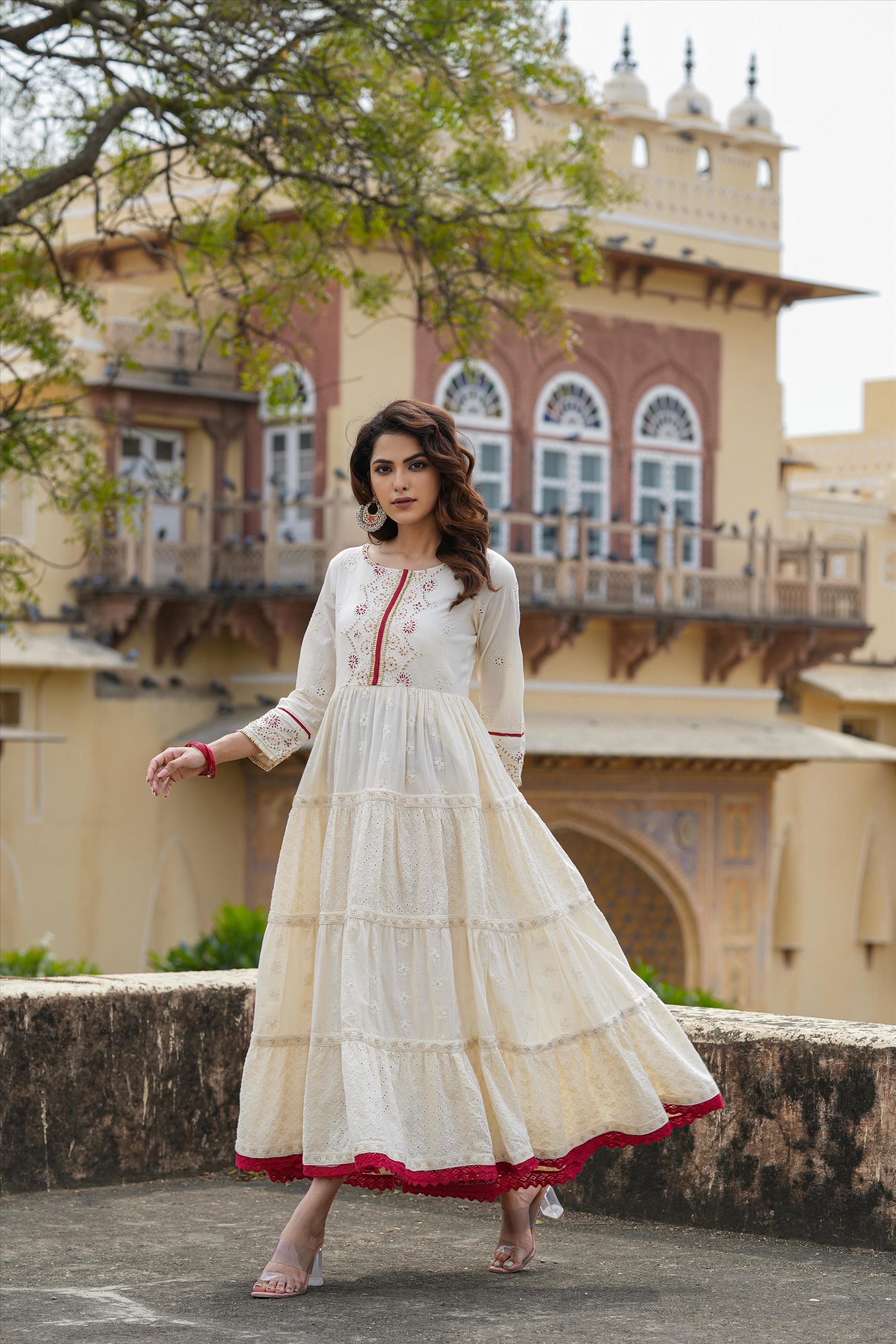 Off White Cotton Chikankari & Schiffli Tiered Anarkali Dress