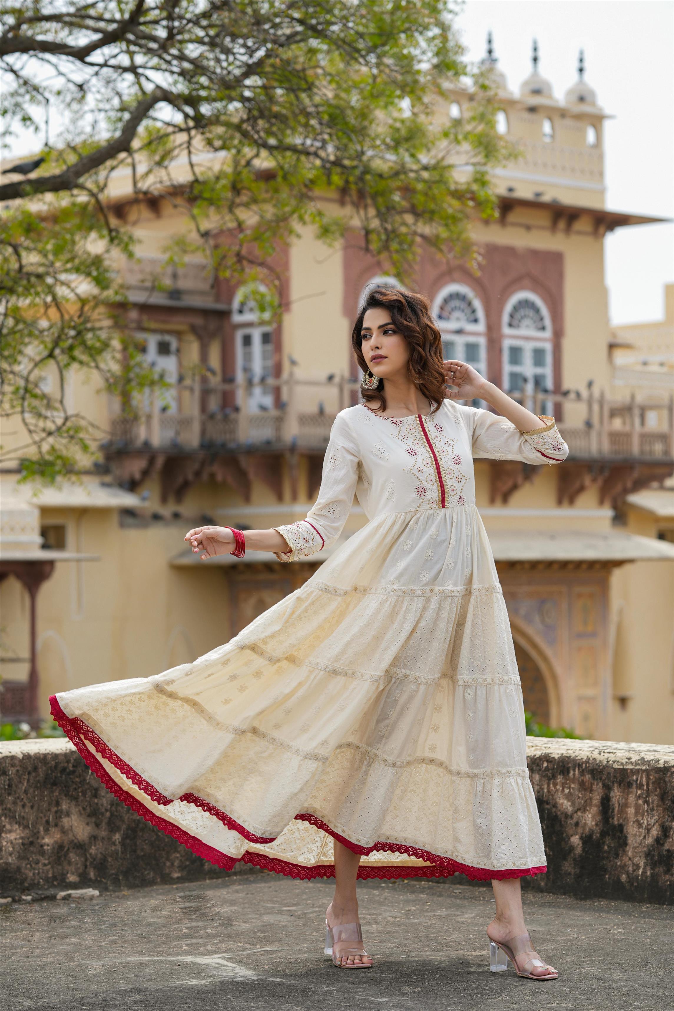 Off White Cotton Chikankari & Schiffli Tiered Anarkali Dress