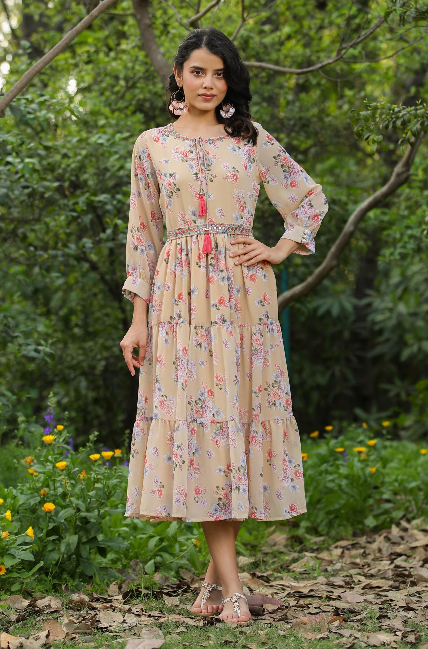 Beige Georgette Floral Print Tiered Ethnic Dress With Belt