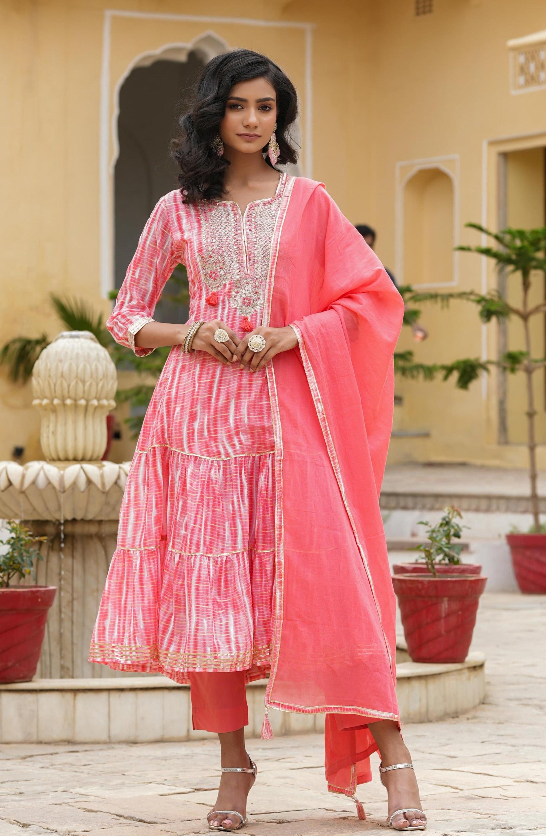 Pink Cotton Mulmul Shibori Anarkali Suit Set