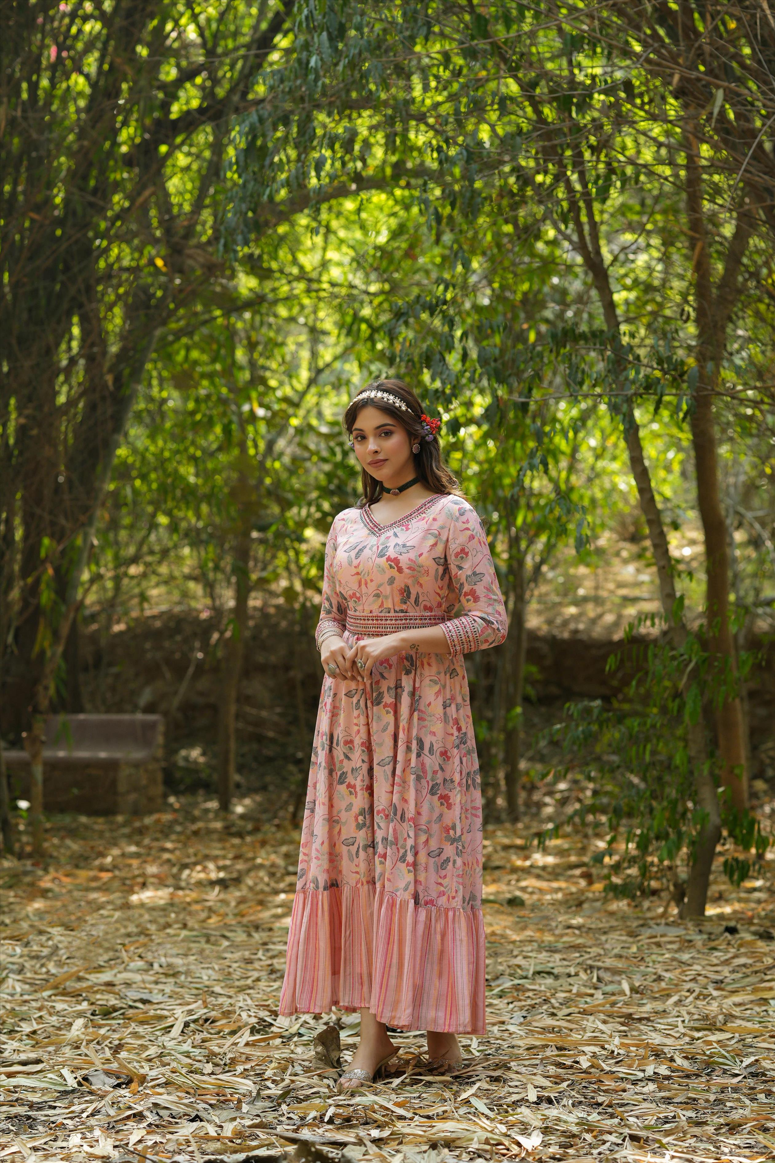 Pink Muslin Silk Floral Print Flared Ethnic Dress With Belt