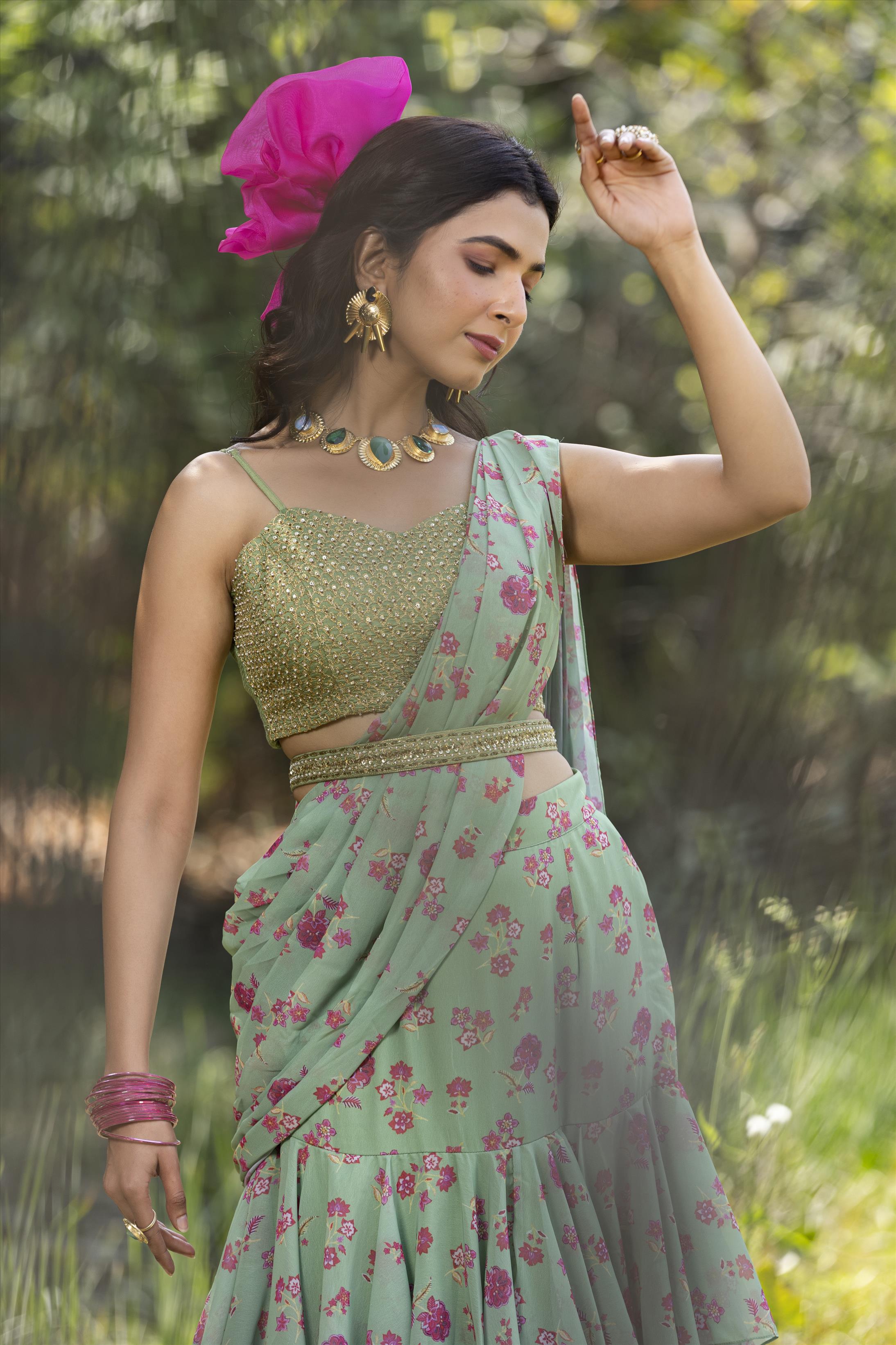 Pistagreen Floral Printed Pre Drapeed Saree With Blouse & Belt