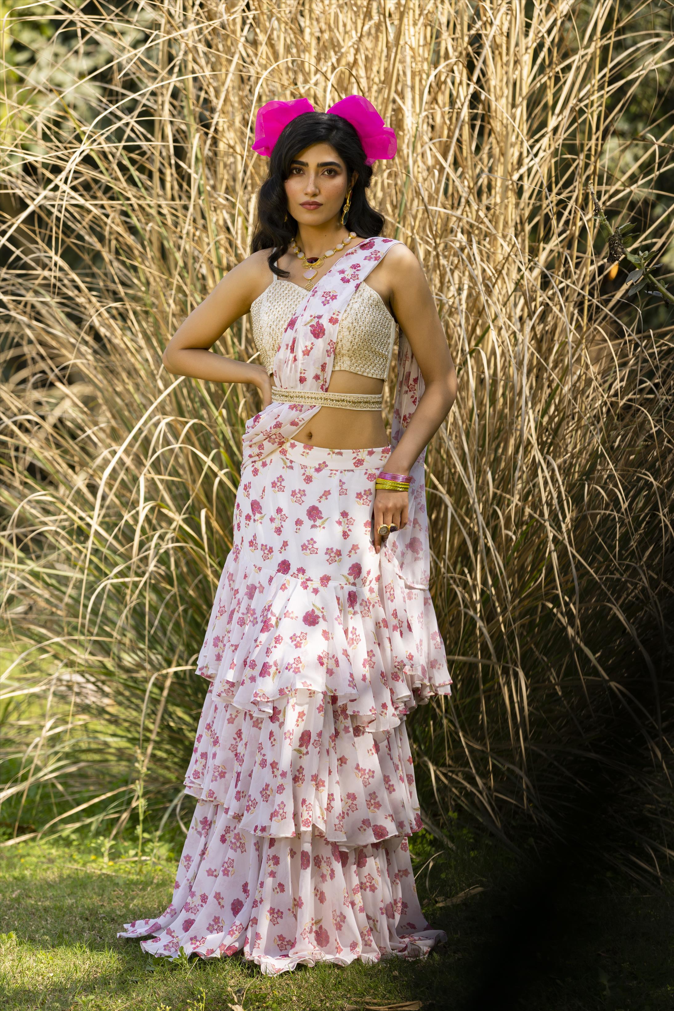 White Cotton Silk Hand Embroidered Blouse With Georgette Floral Print Drape Saree And Cutdana Belt