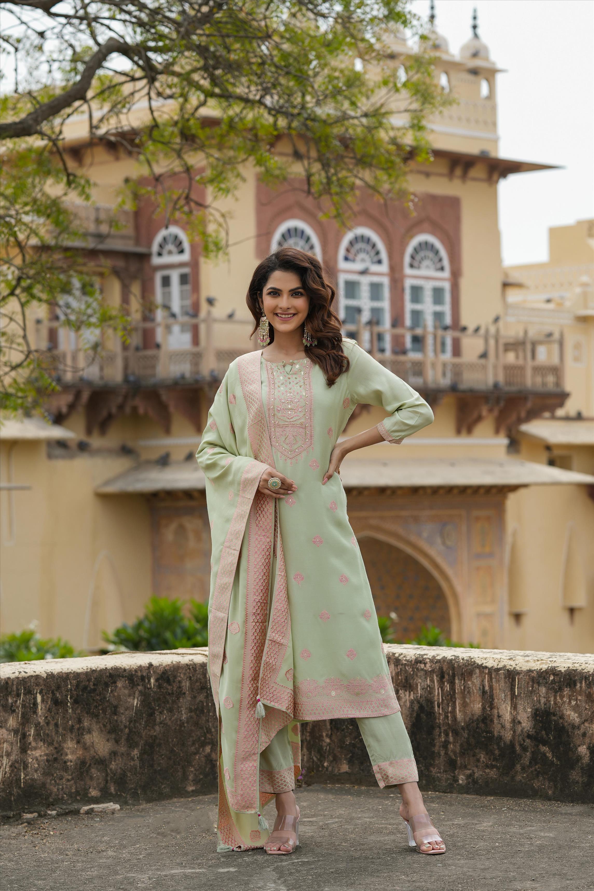 Pistagreen Muslin Silk Jacquard Suit Set