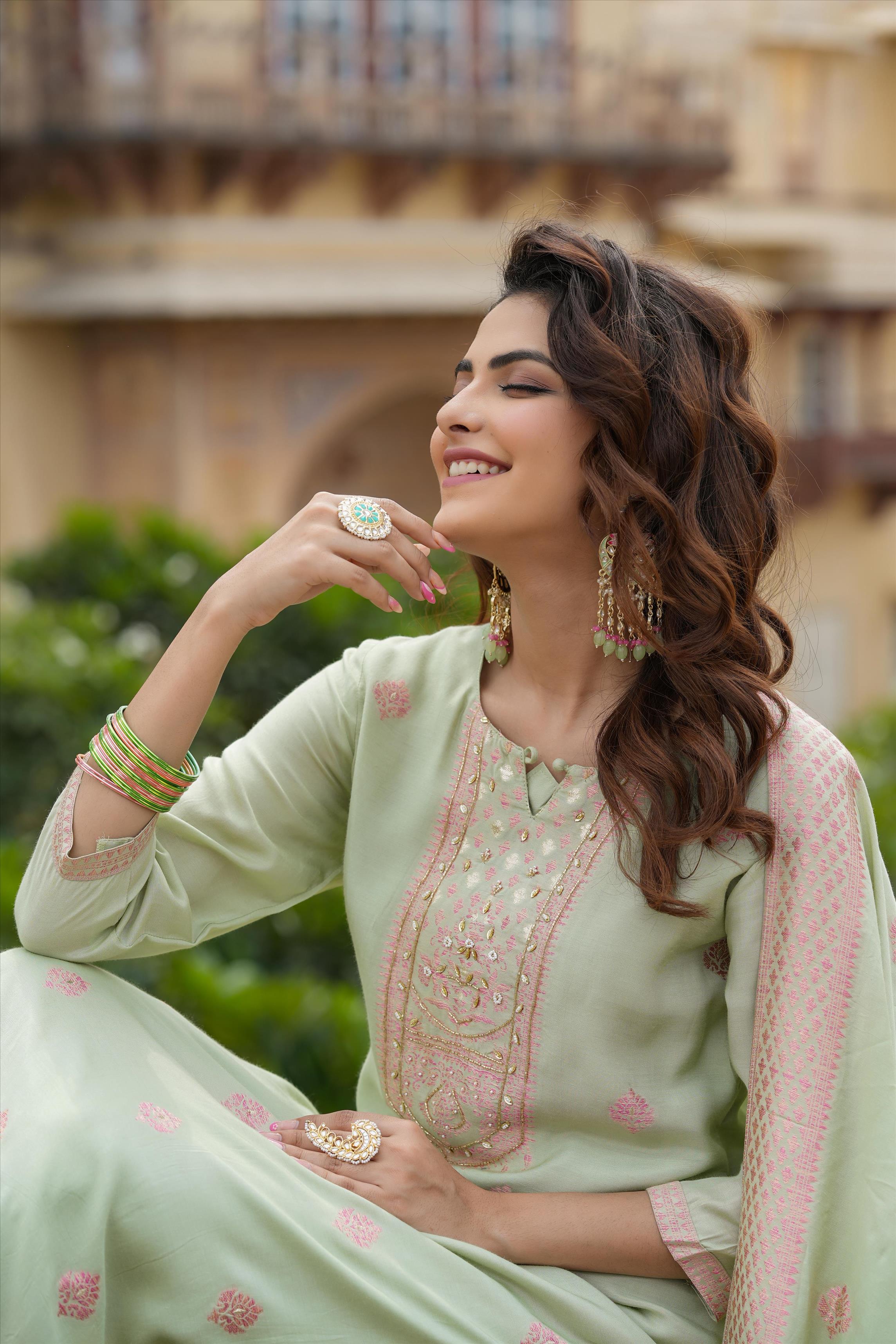 Pistagreen Muslin Silk Jacquard Suit Set
