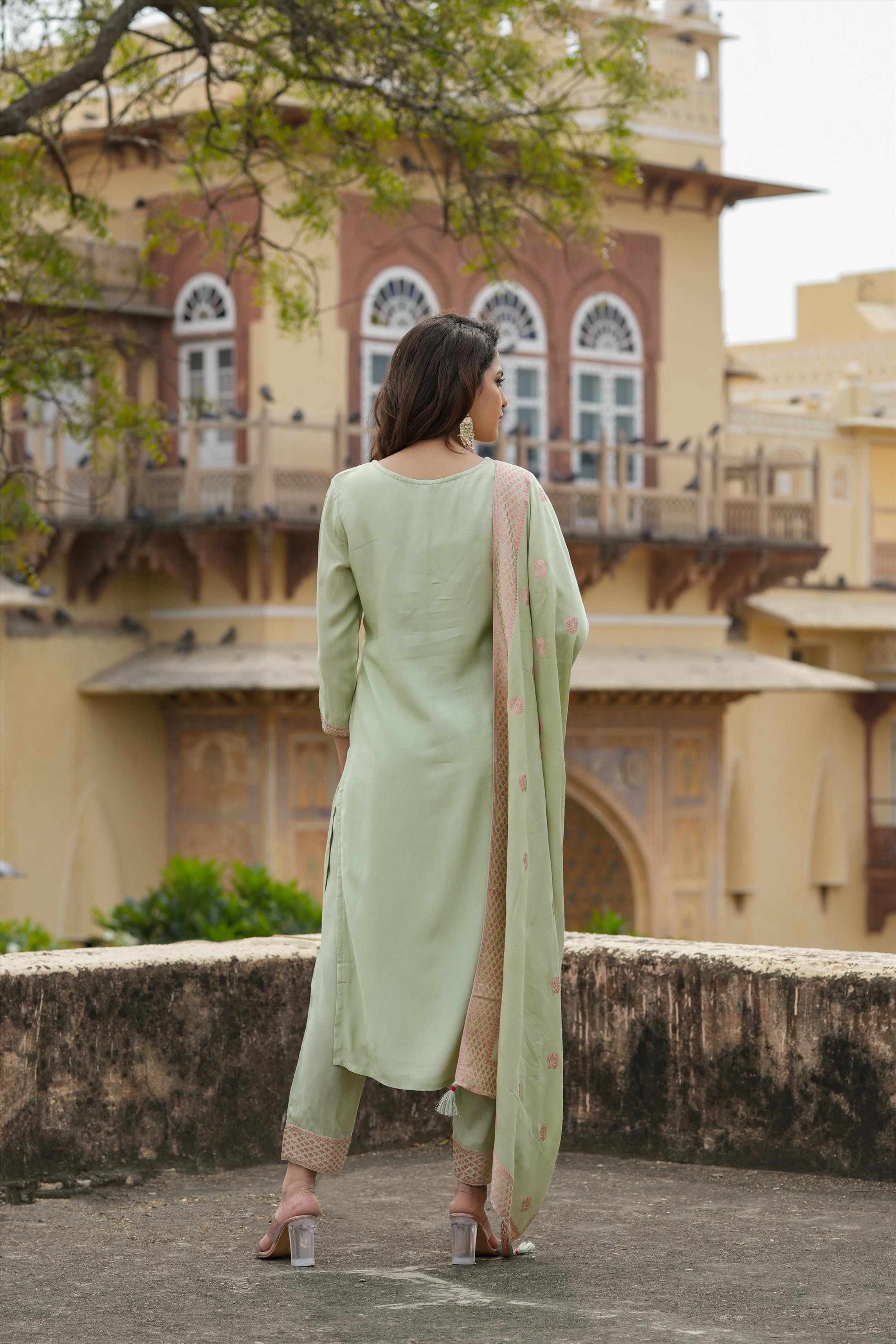 Pistagreen Muslin Silk Jacquard Suit Set