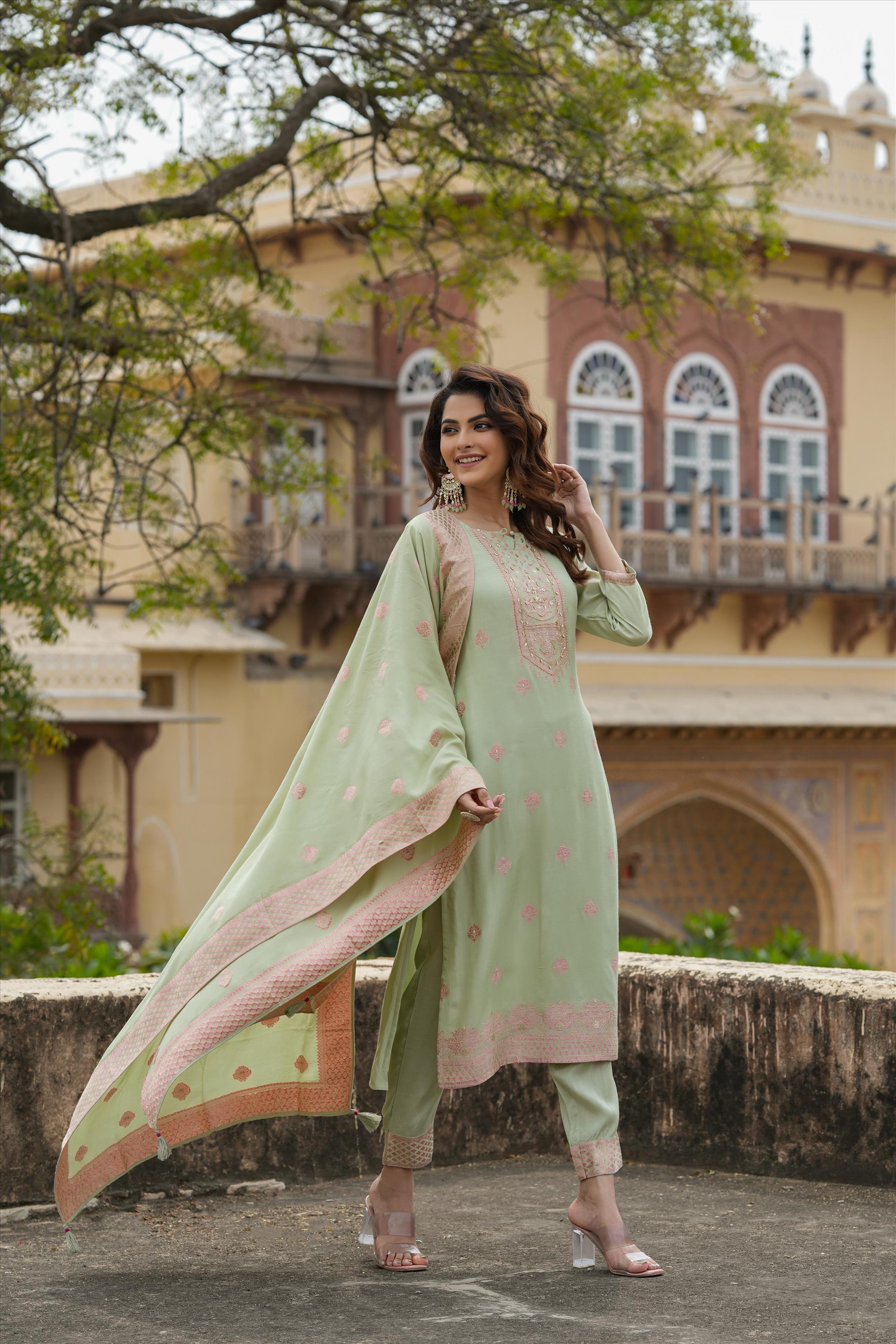 Pistagreen Muslin Silk Jacquard Suit Set