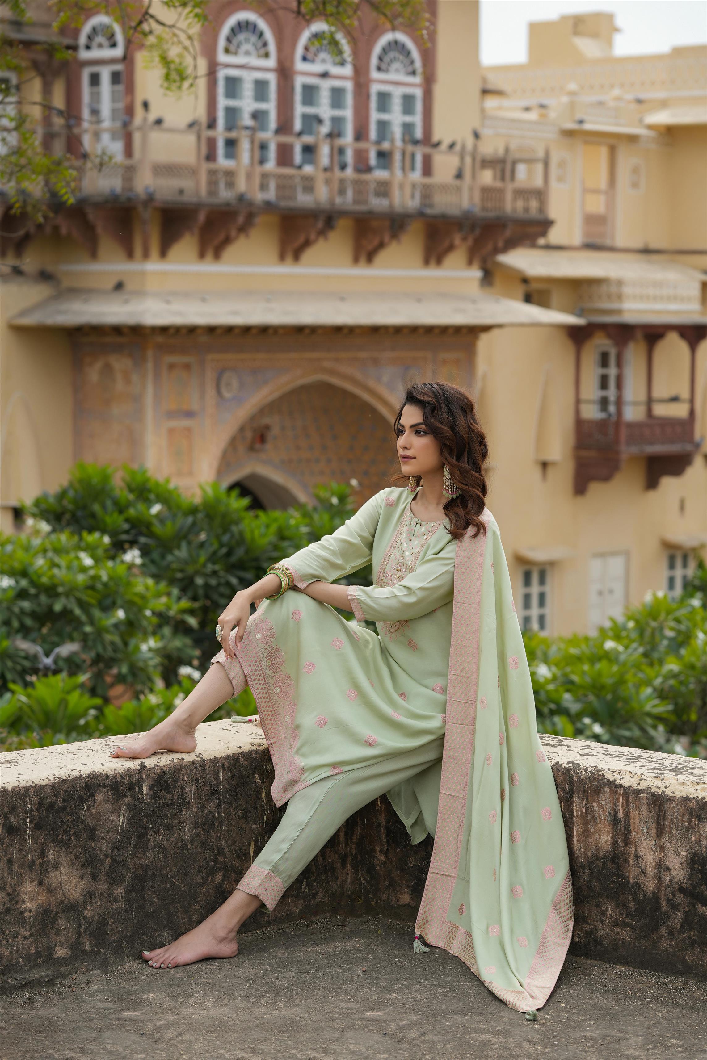 Pistagreen Muslin Silk Jacquard Suit Set