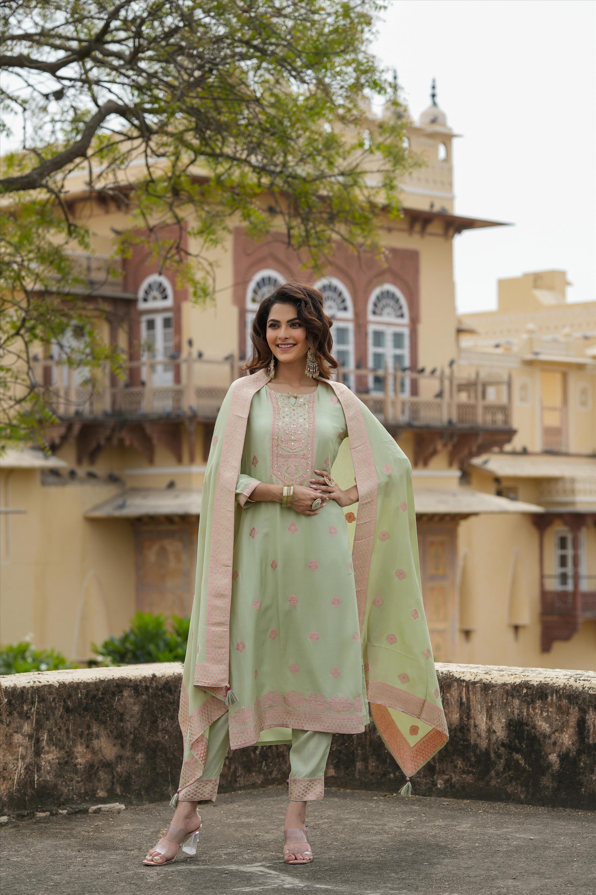 Pistagreen Muslin Silk Jacquard Suit Set