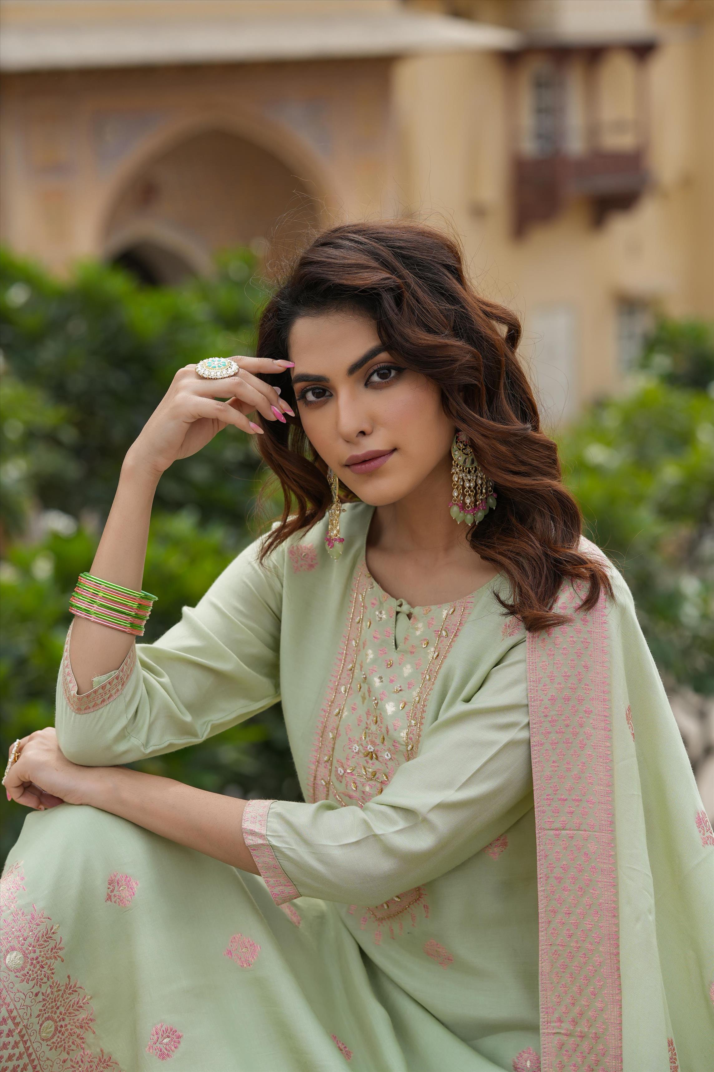 Pistagreen Muslin Silk Jacquard Suit Set