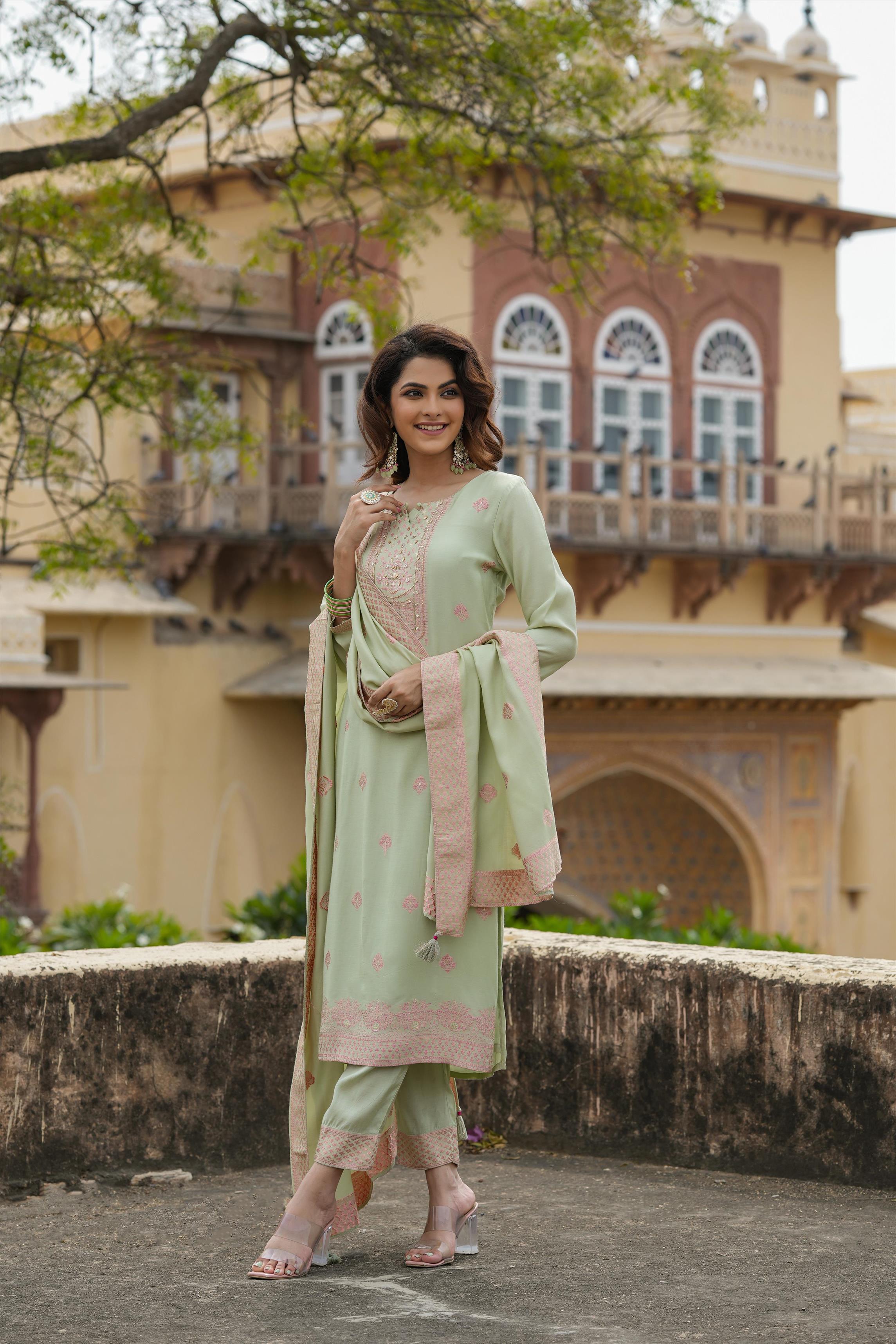 Pistagreen Muslin Silk Jacquard Suit Set
