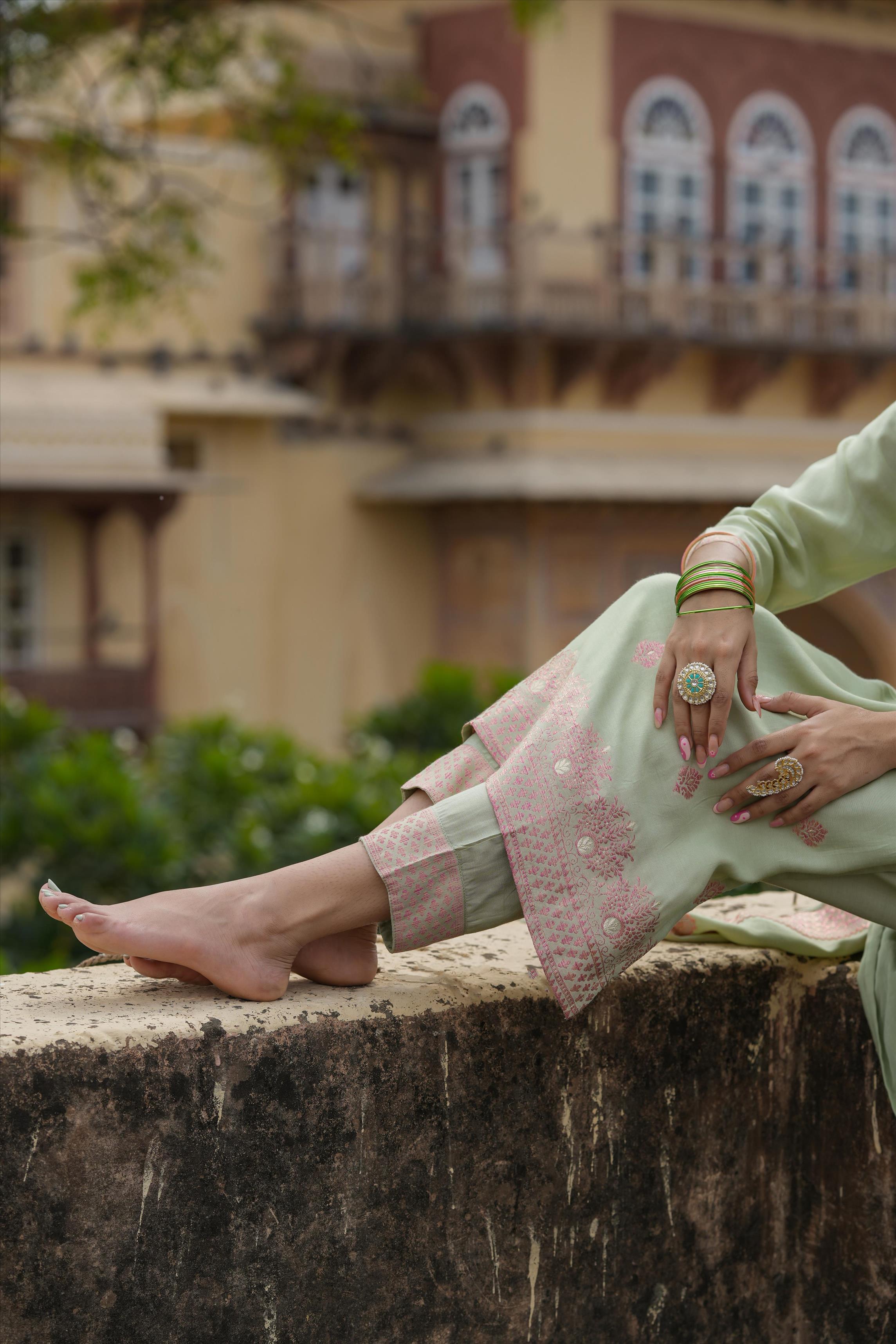 Pistagreen Muslin Silk Jacquard Suit Set