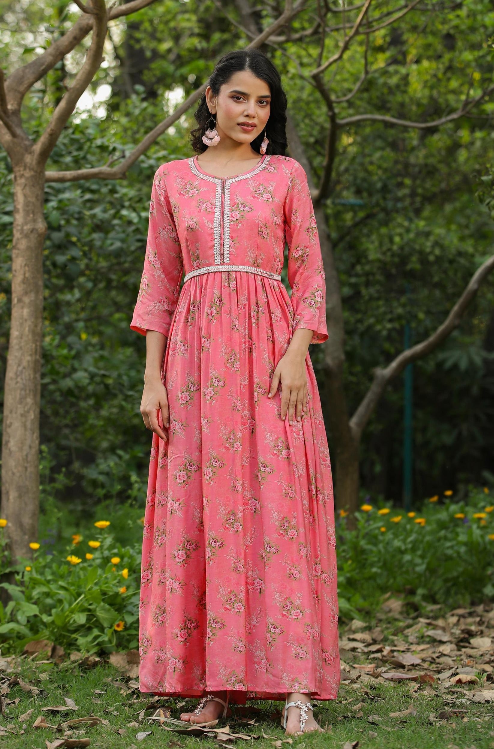 Pink Muslin Silk Floral Print Pleated Anarkali Dress With Belt And Lining